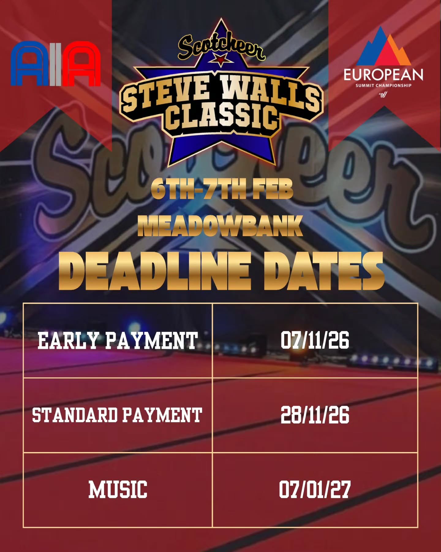 ⭐️ SWC27 Coaches ⭐️

With the Early Deadline right around the corner here are a few important dates for your diaries ⭐️⭐️

Music to scotcheermusic@gmail.com