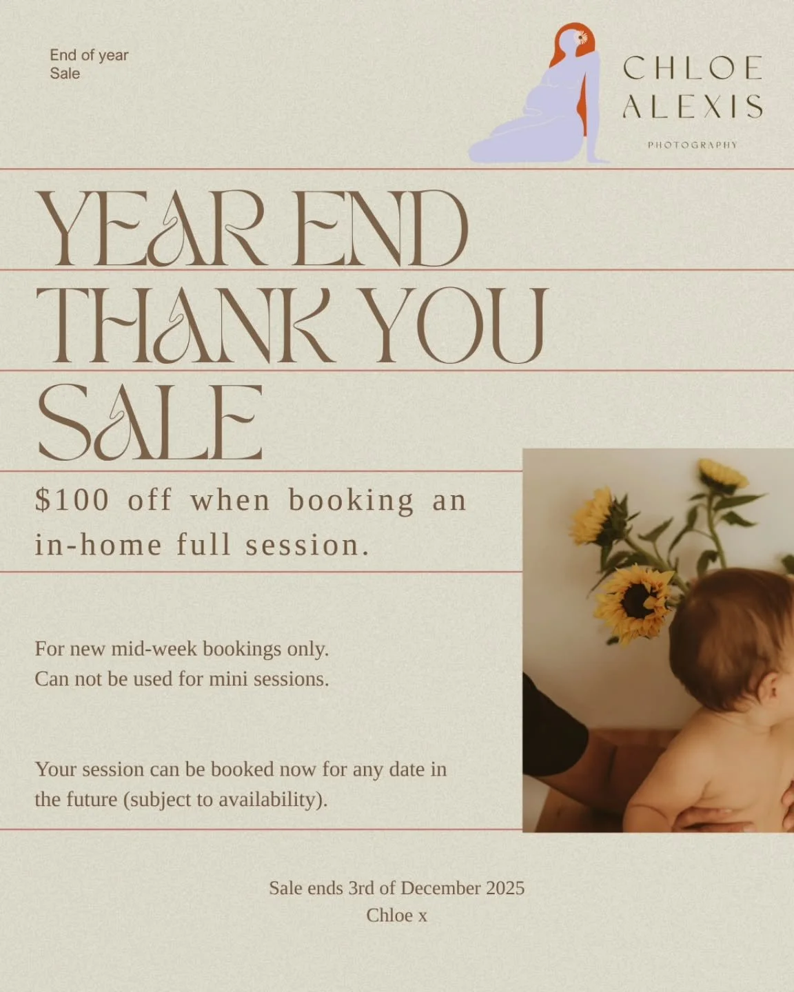 🌻 Year end thank you sale 🌻

A little end-of-year love from me to you.

In-home, mid-week sessions are on sale until Dec 3rd.

$100 off any session.

These are perfect for capturing the wild, sweet, everyday bits right where they actually happen - 