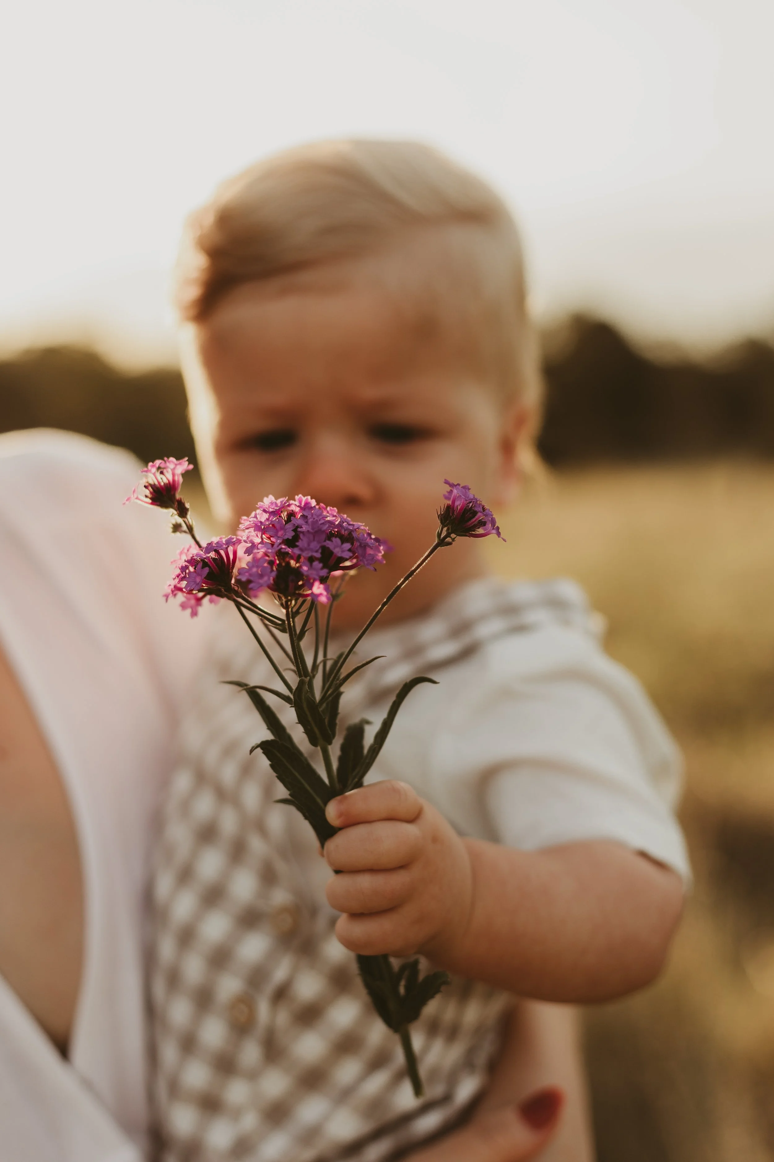 A young child with blond hair is holding a small bunch of purple and pink flowers, looking at them with curiosity. The child is dressed in a checkered shirt and is being held by an adult outdoors during the daytime.