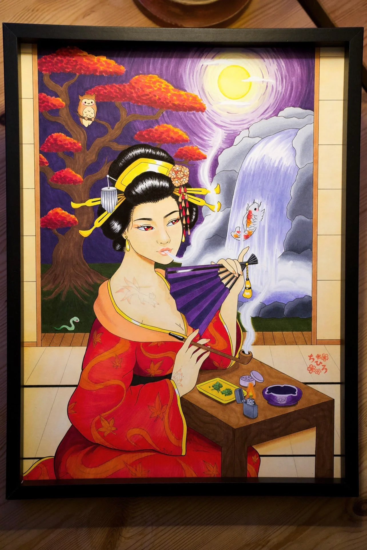 A traditional Japanese artwork depicting a woman in a red kimono, holding a purple folding fan and smoking a pipe, with a mountainous landscape, waterfall, koi fish, and a full moon in the background.