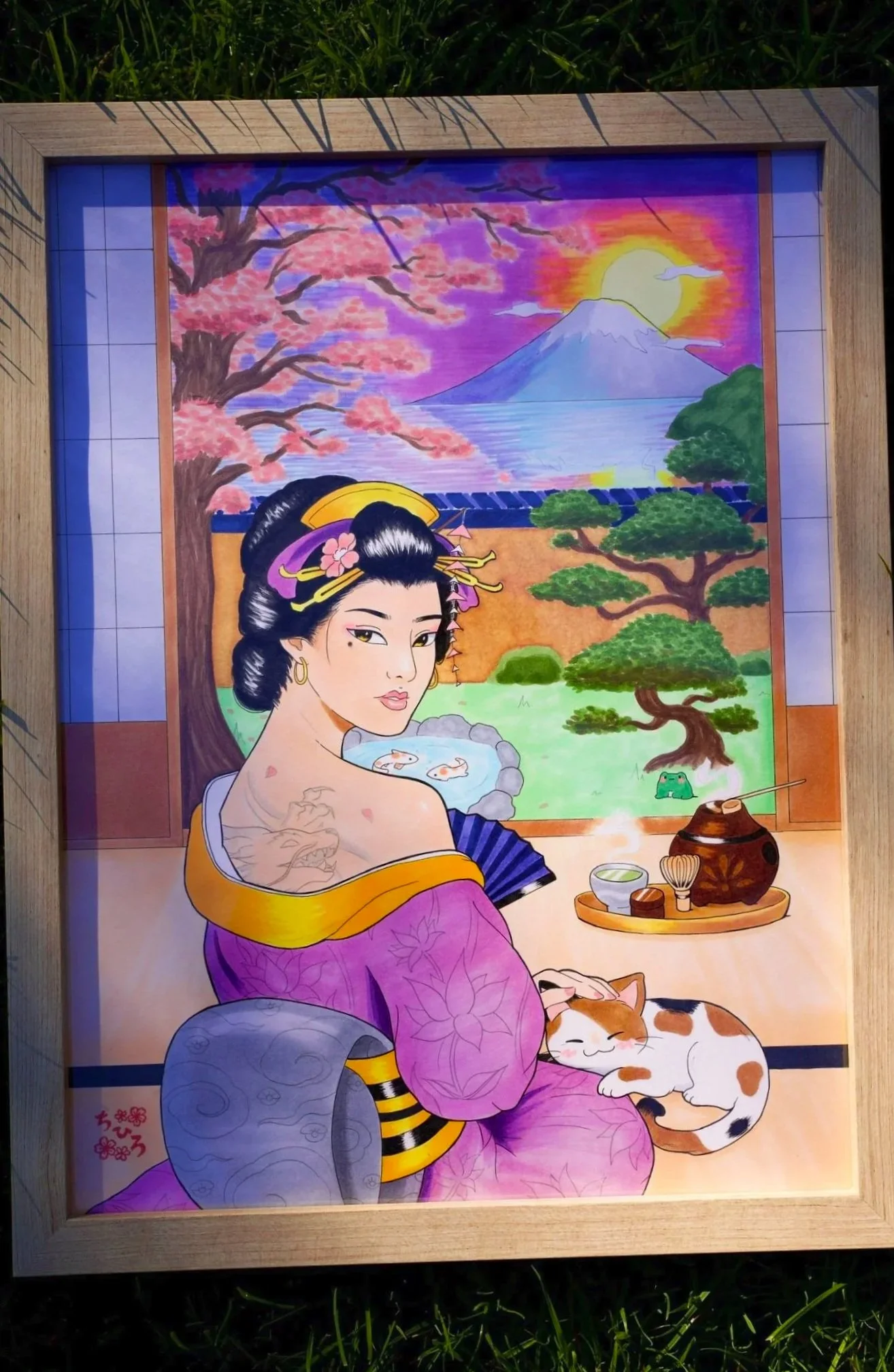 A colorful painting of a traditional Japanese woman with a tattoo on her shoulder, sitting with a calico cat, in front of a scenic backdrop of cherry blossoms, Mount Fuji, and a sunset.