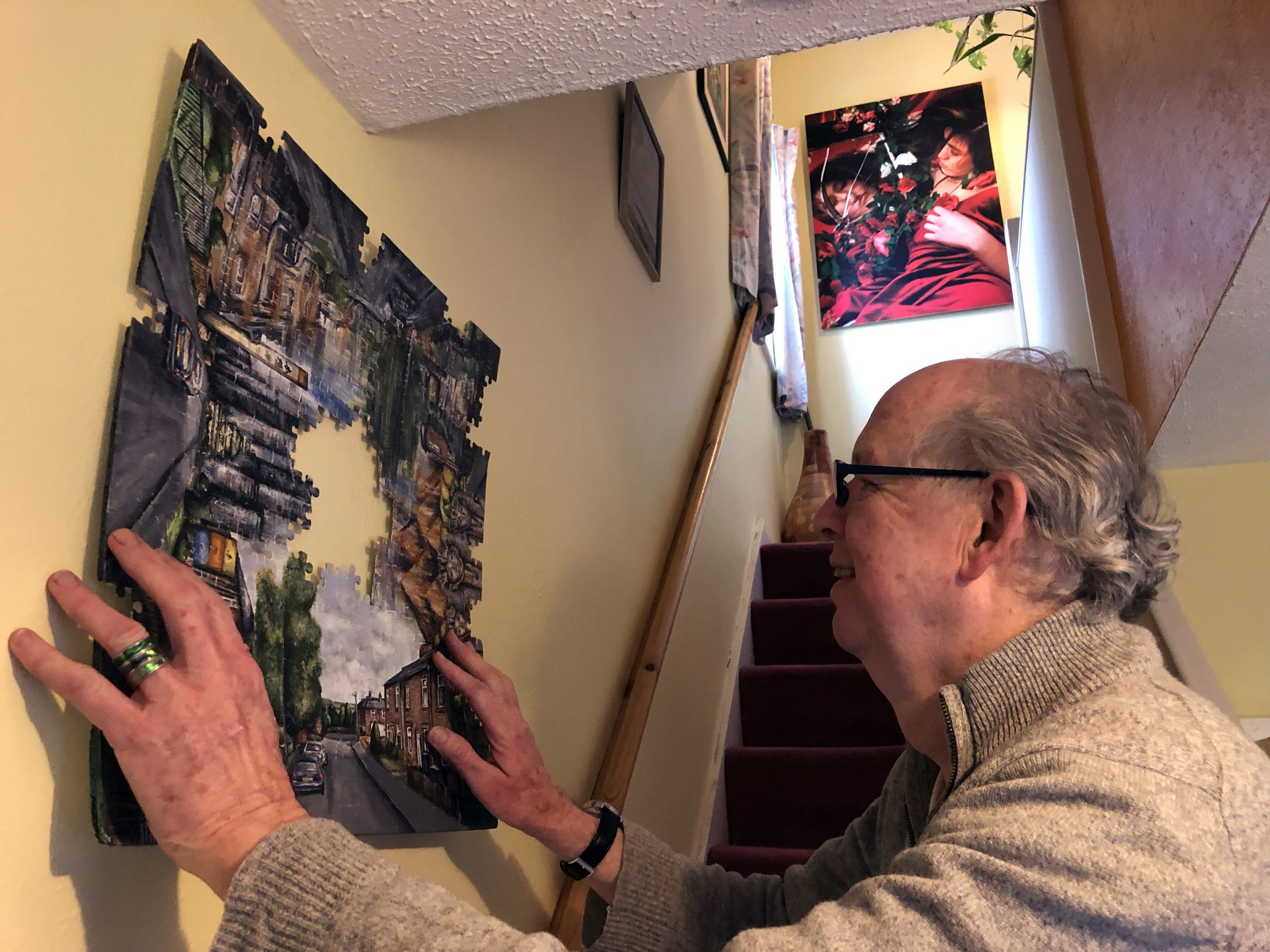 Roger engaging with the work in his home, where the works were installed for several weeks prior to the public exhibition.