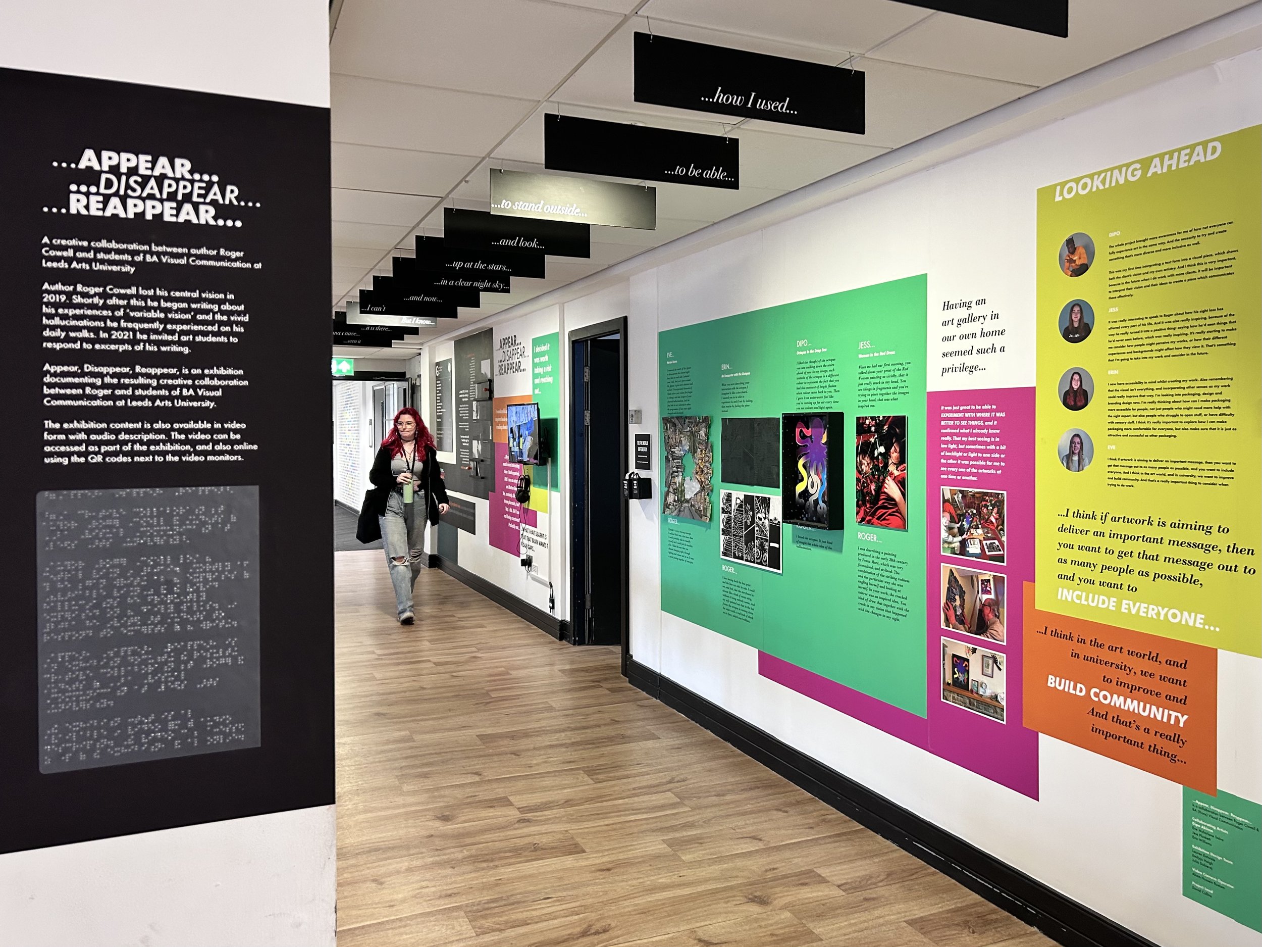 Photograph of exhibition in Leeds Arts University corridor.