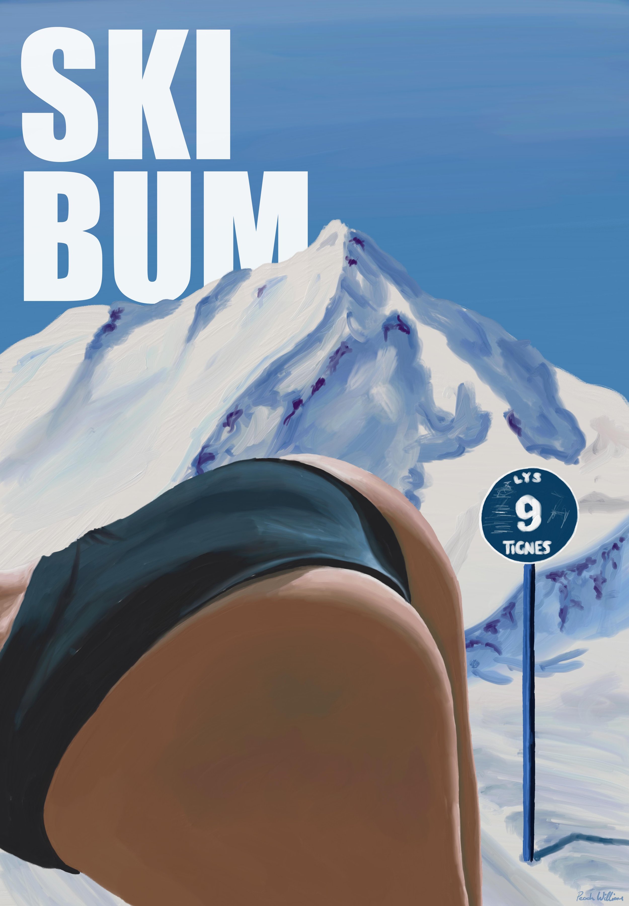 Print artwork titled ‘Ski Bum’ featuring a woman’s backside in snowy mountains. Available framed or unframed in 50x70cm and 70x100cm, supporting 1% for the Planet