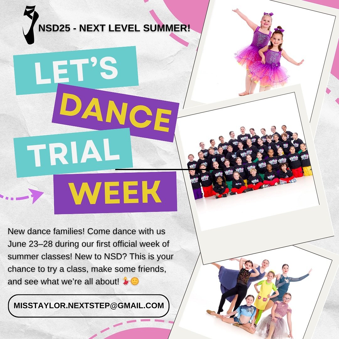 🌟 LET’S DANCE — TRIAL WEEK IS HERE! 🌟
New to Next Step Dance? There’s no better time to check us out! From June 23–28, we’re inviting new dancers to try a class during our first official week of summer! ☀️💃
Thinking