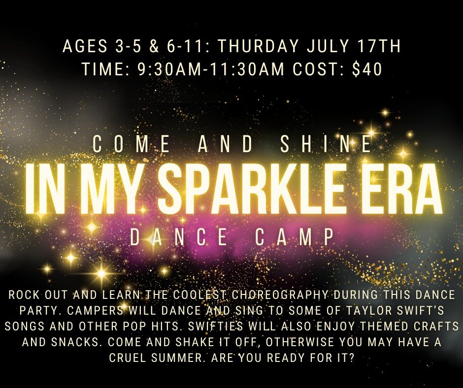 π« Back by popular demand…
We’re stepping into our Sparkle Era and it’s shining brighter than ever! ππ€
Join us on Thursday, July 17th from 9:30–11:30 AM for a Swiftie-style dance party like no other. Perfect for ages 3&nda