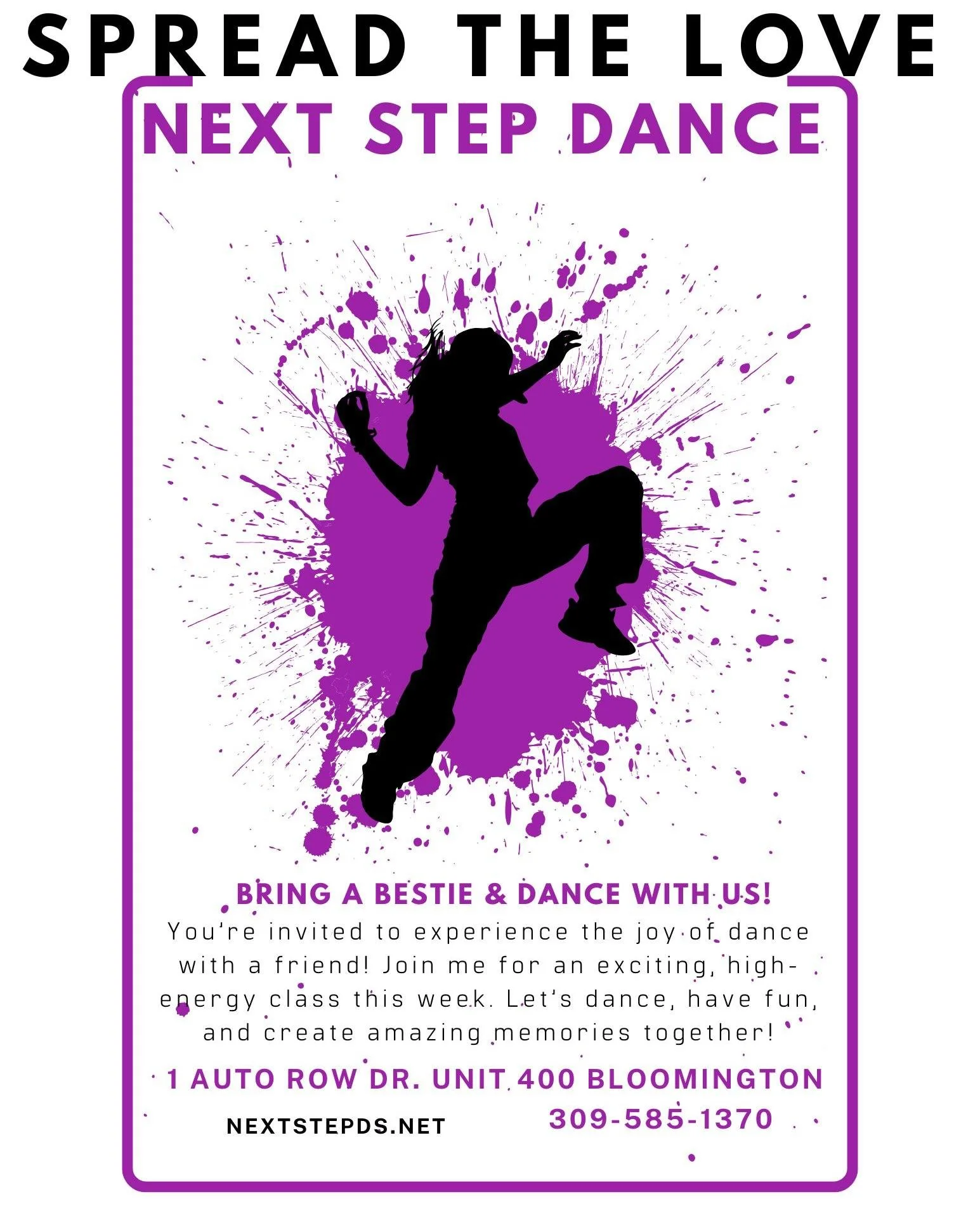 ✨ Spread the Love – Bring a Friend Week Starts NOW! ✨
This week only, dancers are encouraged to spread the love and invite a bestie to dance with them at Next Step Dance! 💜
Bring your friend, share the joy of dance, and let’s make memo