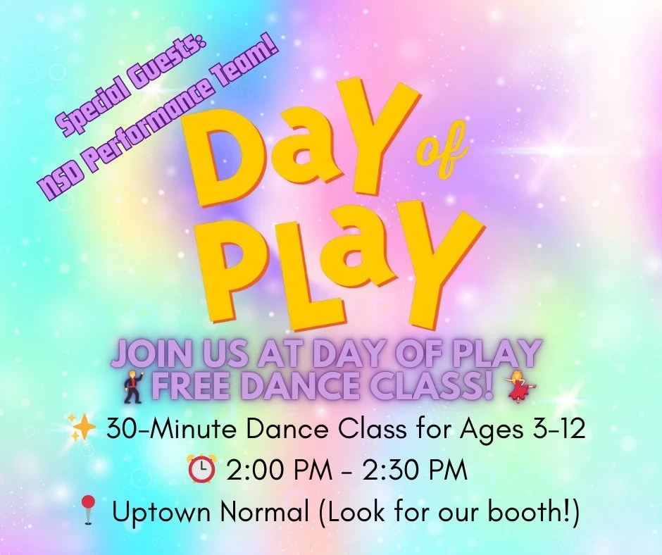 🌟 Next Step Dance is headed to Day of Play this weekend! 🌟
We’ll be bringing the energy with a special performance by the NSD Performance Team 🎉 and YOU can jump in on the fun with a FREE 30-minute dance class for ages 3–12!
🕑 Class