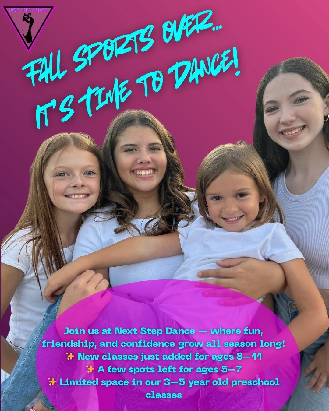 Fall sports are winding down… which means it’s the perfect time to DANCE! 💜
We’ve got new classes open and spots available in a few age groups — and dancers who join in November can still perform in our Holiday Show on Dec.