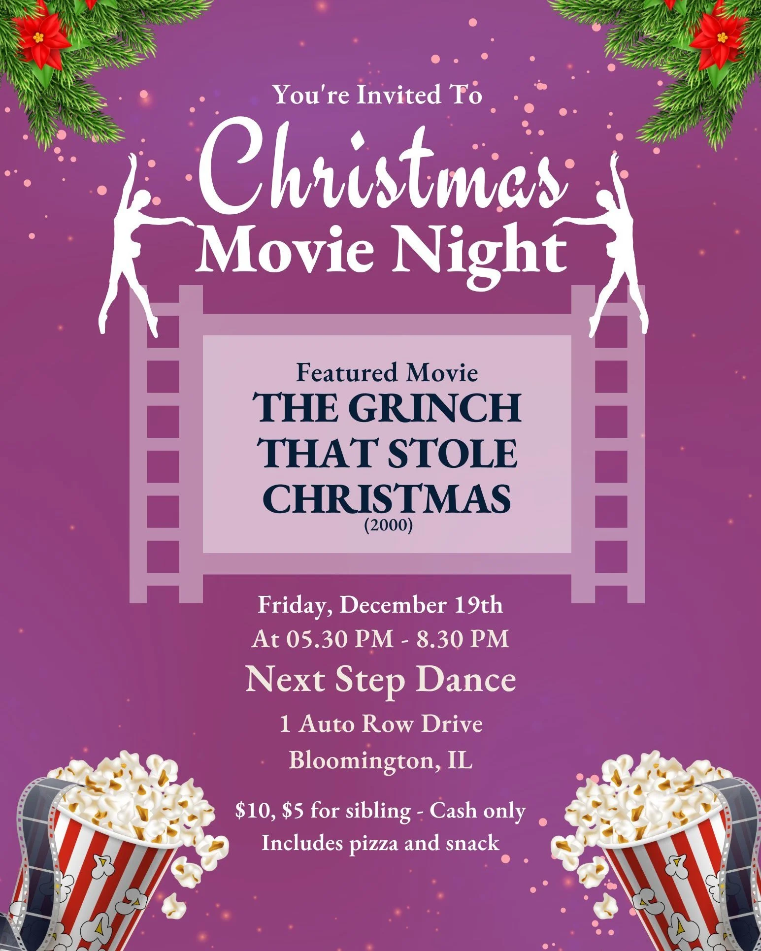 🎄✨ Christmas Movie Night at NSD! ✨🎄
Next Friday (Dec 19th), we&rsquo;re turning the studio into a cozy holiday hangout to watch The Grinch That Stole Christmas! 🍿💚

Dancers can snuggle in with:
🛏 1 pillow
🧣 1 blanket
💲 Cash for entry ($10 / $5
