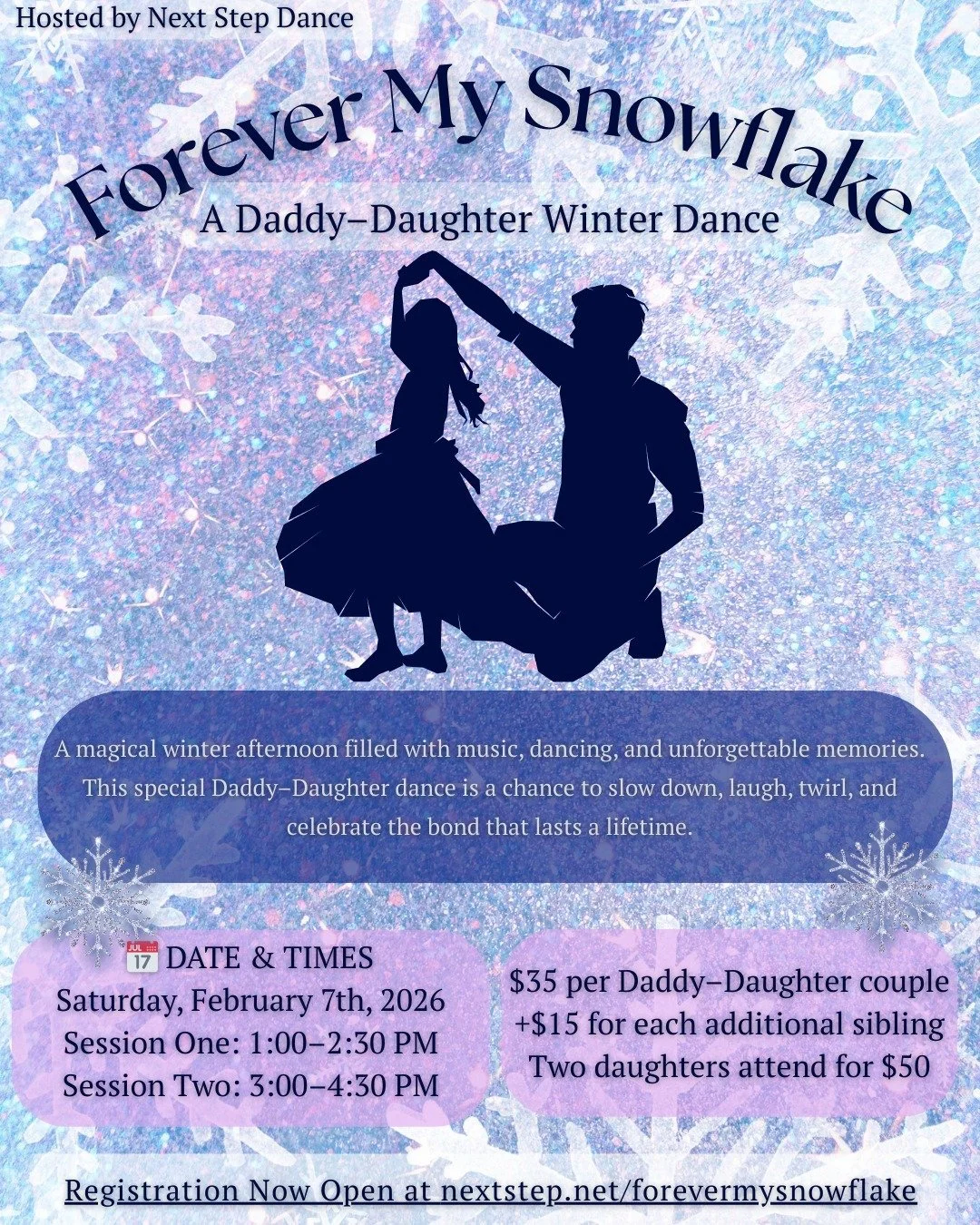 Forever My Snowflake ❄️🤍
A winter dance created to celebrate connection, love, and time together.
Registration is now open for our Forever My Snowflake Winter Dance on Saturday, February 7th. While often thought of as a Daddy&ndash;Daughter event, t