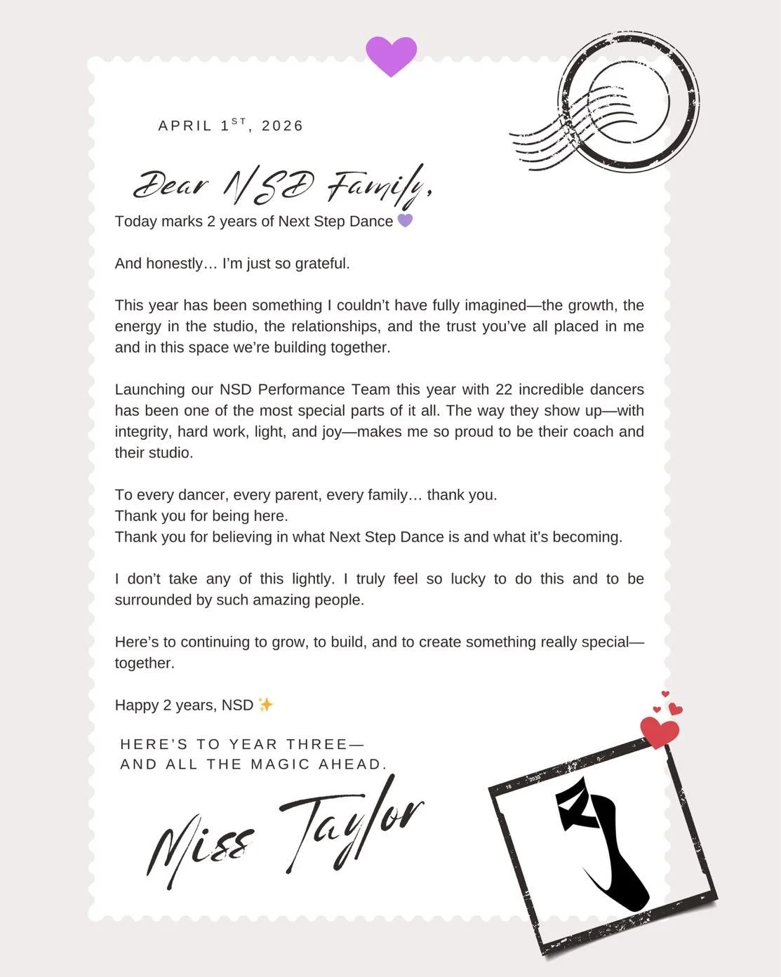 2 years of Next Step Dance 💜�So much growth, so much love, and so many incredible people.
Thank you for being part of this journey&mdash;here&rsquo;s to everything we&rsquo;re building together ✨