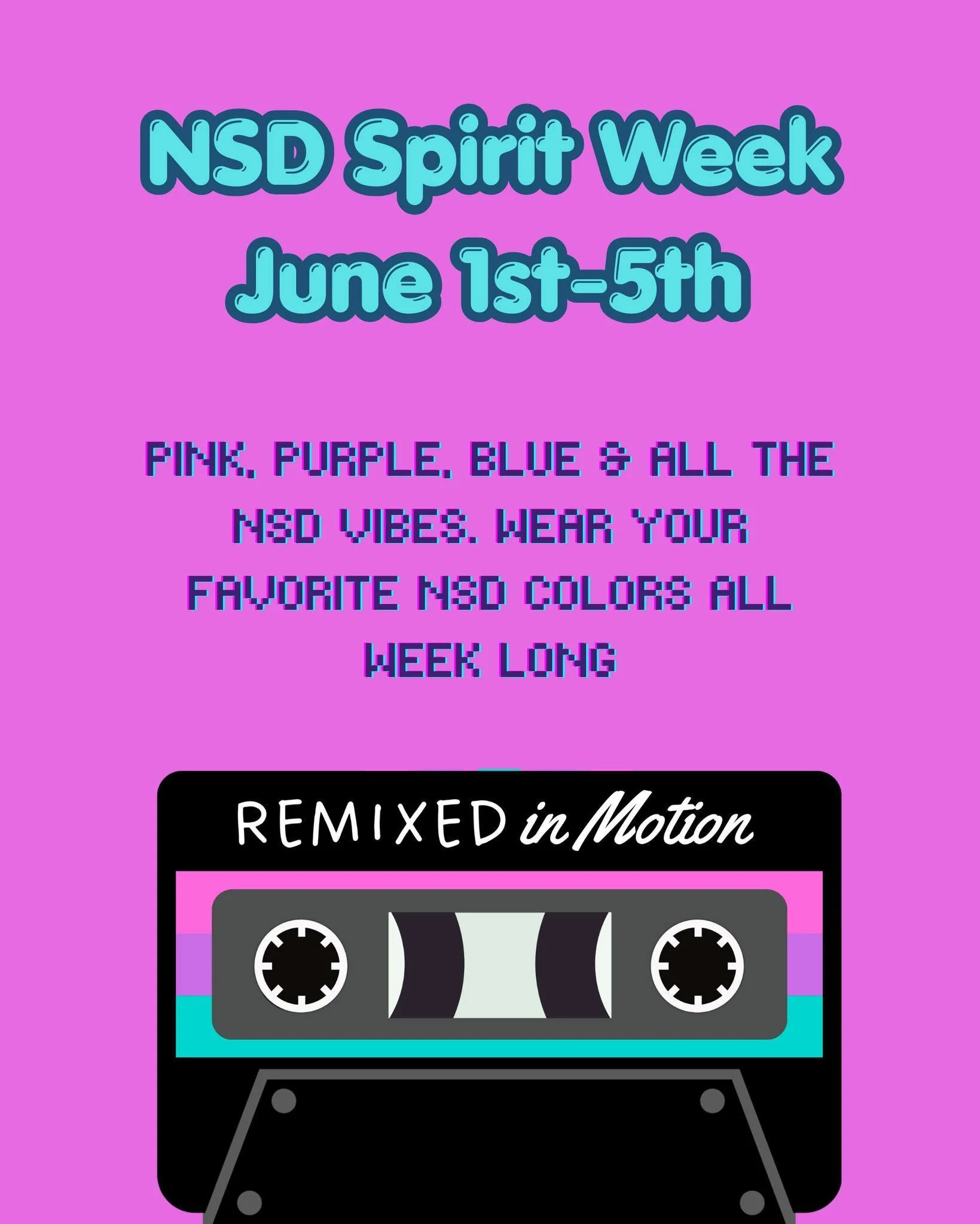 NSD SPIRIT WEEK 💖💜🩵
June 1st&ndash;5th

Get ready to celebrate recital week in FULL NSD style!

All week long, dancers, families, and staff are encouraged to wear their favorite NSD colors:
✨ Pink
✨ Purple
✨ Blue
✨ Sparkles
✨ Glitter
✨ Bows
✨ Fun 