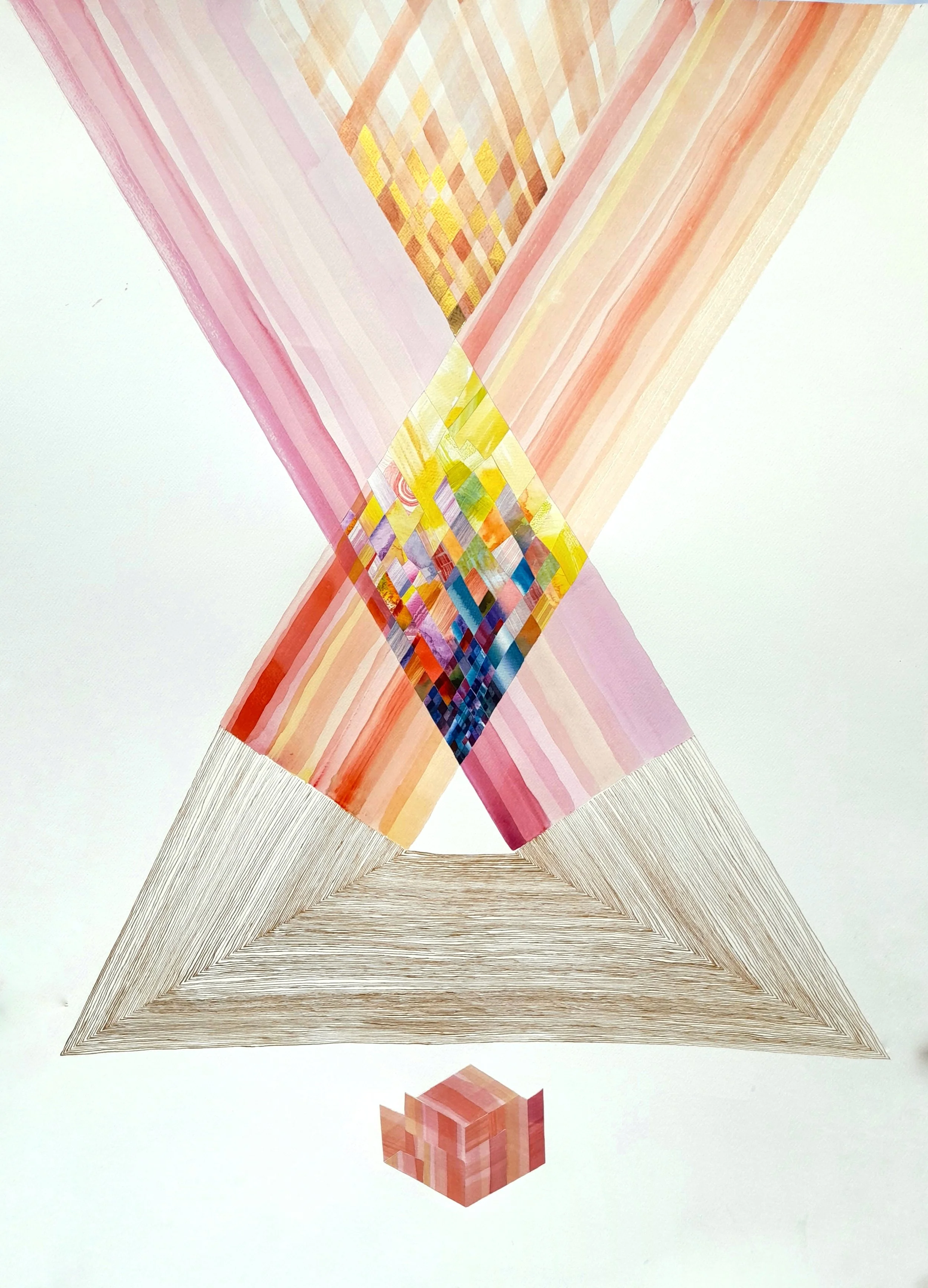 large watercolour collage painting, fata morgana, art on paper