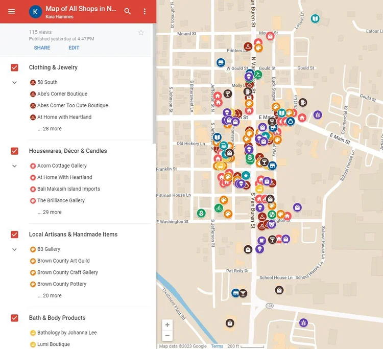 Map of Shops in Nashville, Indiana — Tanglewood Hideaway