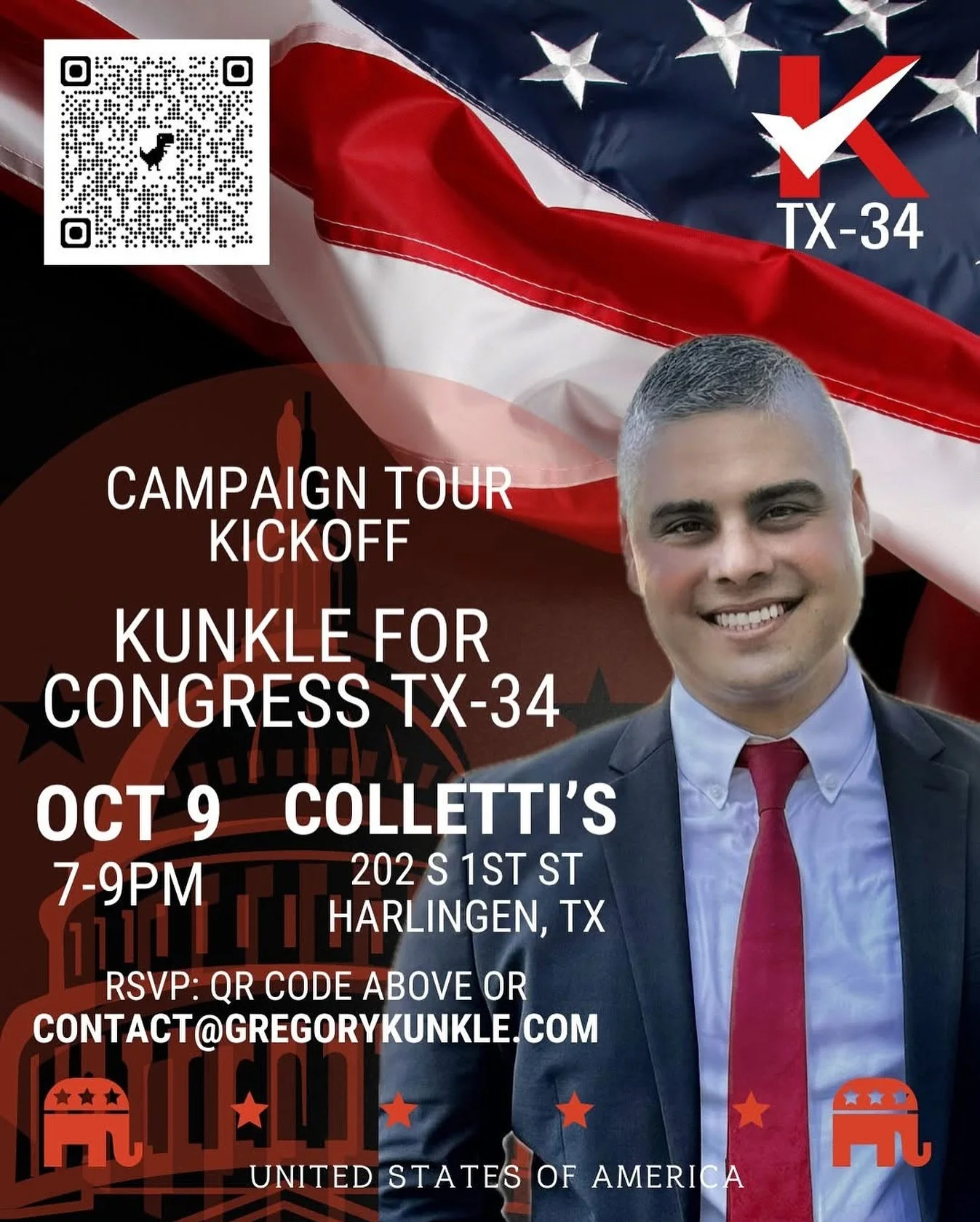 Join us this this Thursday in the @cityofharlingen at Colletti&rsquo;s for the @kunkleforcongresstx34 Campaign Tour Kickoff! 

The first of many stops, we are ready to bring real change to South Texas and are hitting the road with the Make South Texa