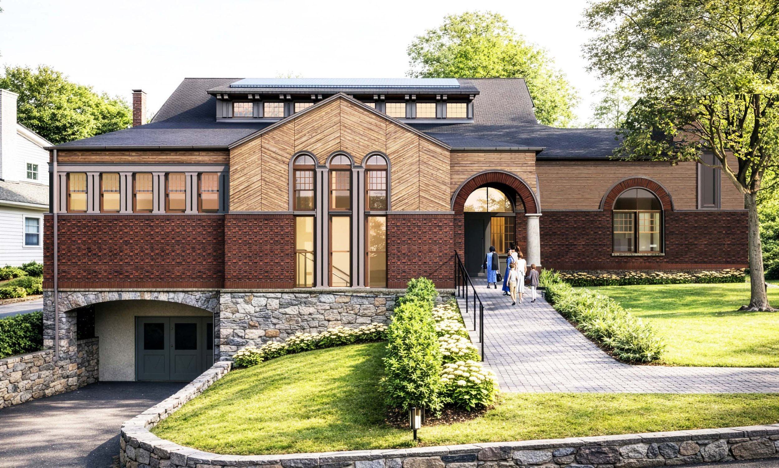 Rendering of a new synagogue in the Bronx with brown siding and a stone wall