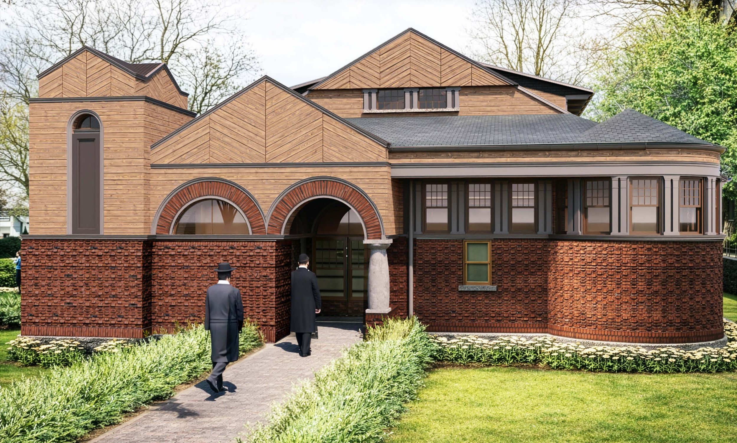 Rendering of a new synagogue in the Bronx with brown siding
