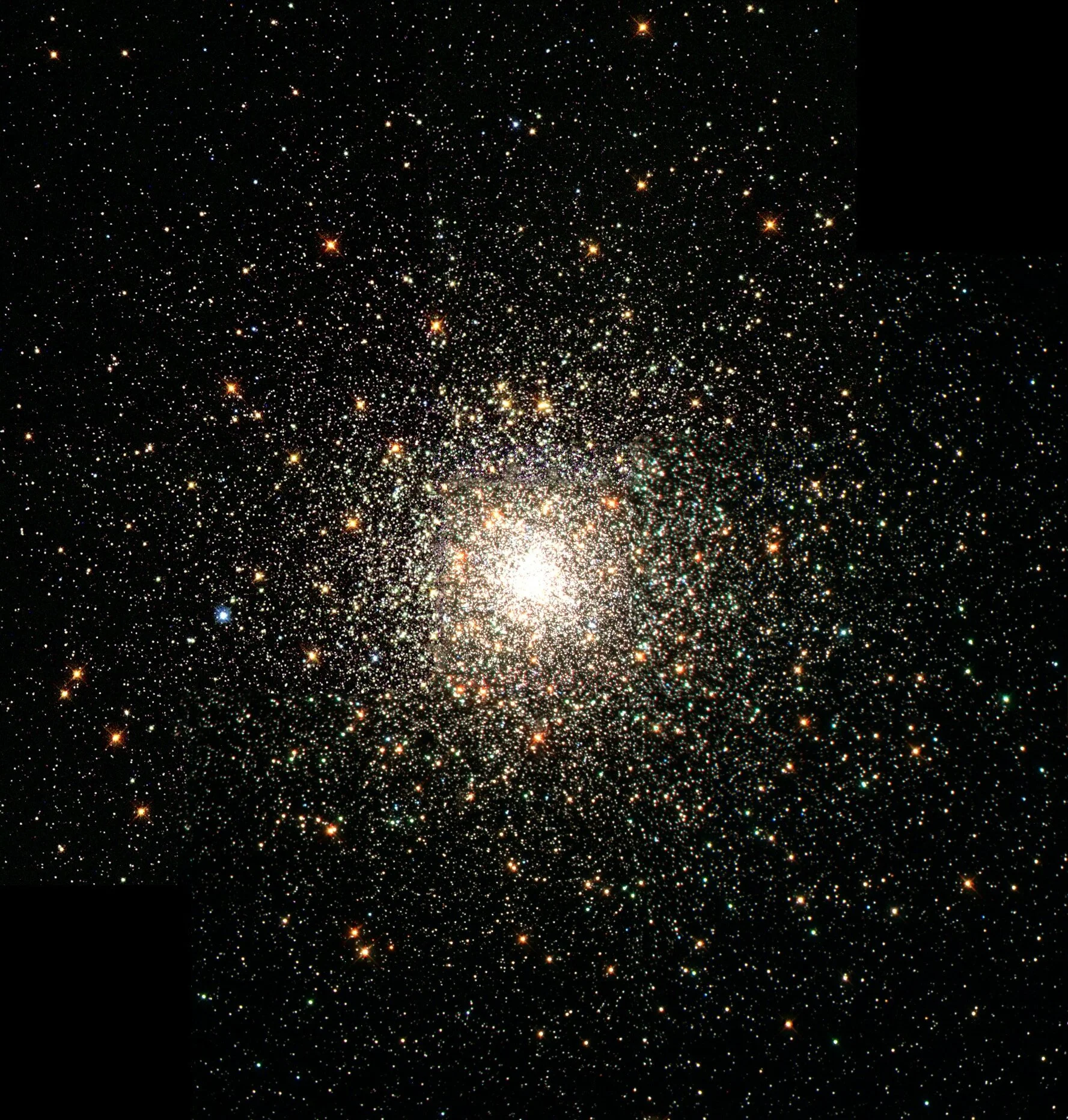 A dense star cluster in deep space with countless stars of various sizes and brightness, creating a glowing core surrounded by a wide field of stars against the dark background of space.