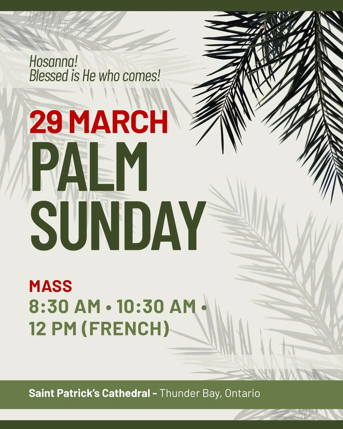 🌿 Hosanna in the Highest! 🌿

Please join us on Palm Sunday. 

&ldquo;Blessed is he who comes in the name of the Lord!&rdquo; 
Matthew 21:9

#PalmSunday #HolyWeek #CatholicChurch #Lent2026 #Hosanna
