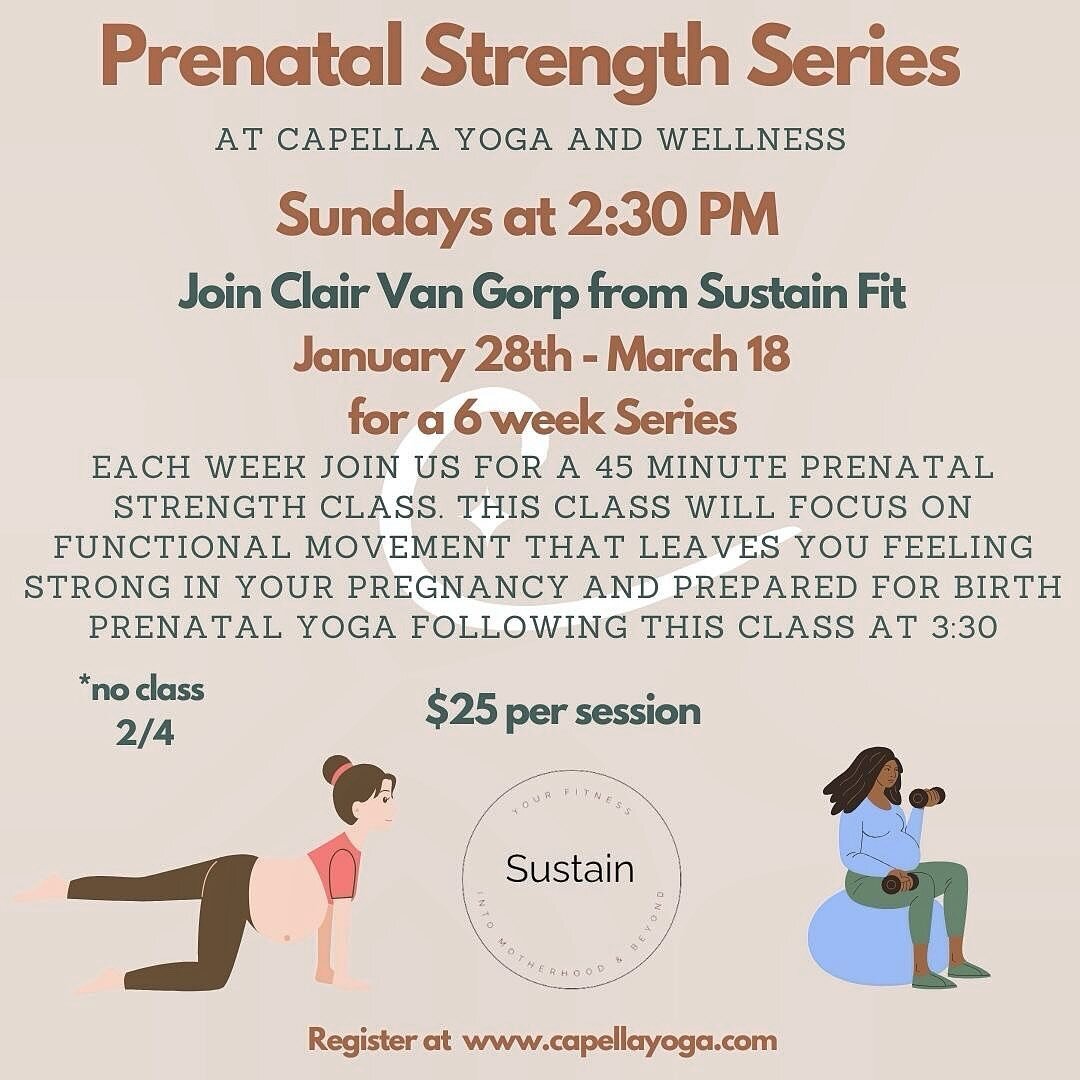 Join me any Sunday until March 17 @capellayoga for a prenatal strength class designed to keep you strong and healthy in pregnancy and prepare you for birth! If you are looking for a strength class that is designed specifically for pregnancy, this is 