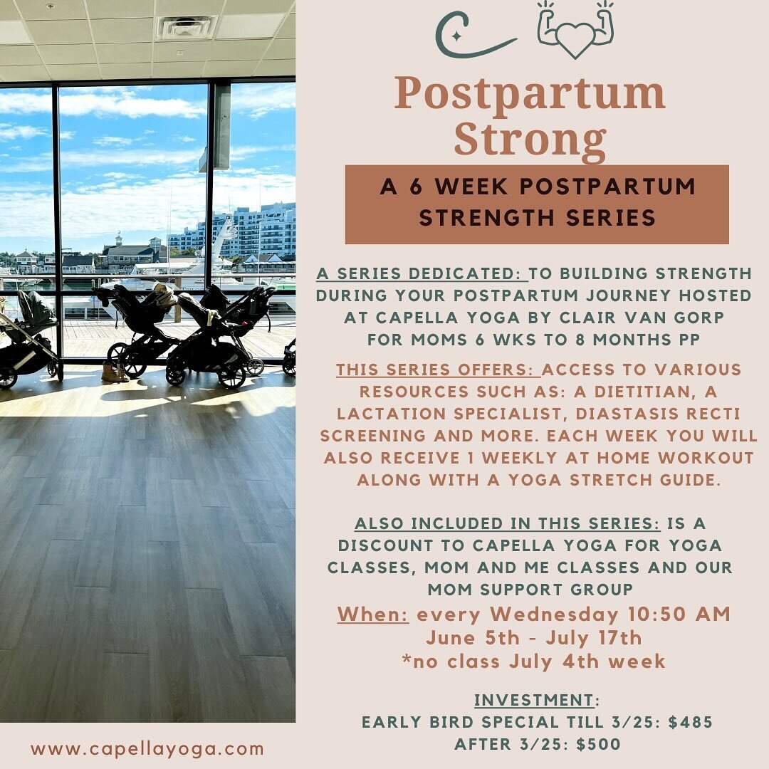 I am so excited to announce my 6 week postpartum strength program for moms 6 weeks to 8 months postpartum. Join me at @capellayoga starting June 5th through July 17th (no classes the week of July 4) for a 6 week program designed to ease you back into