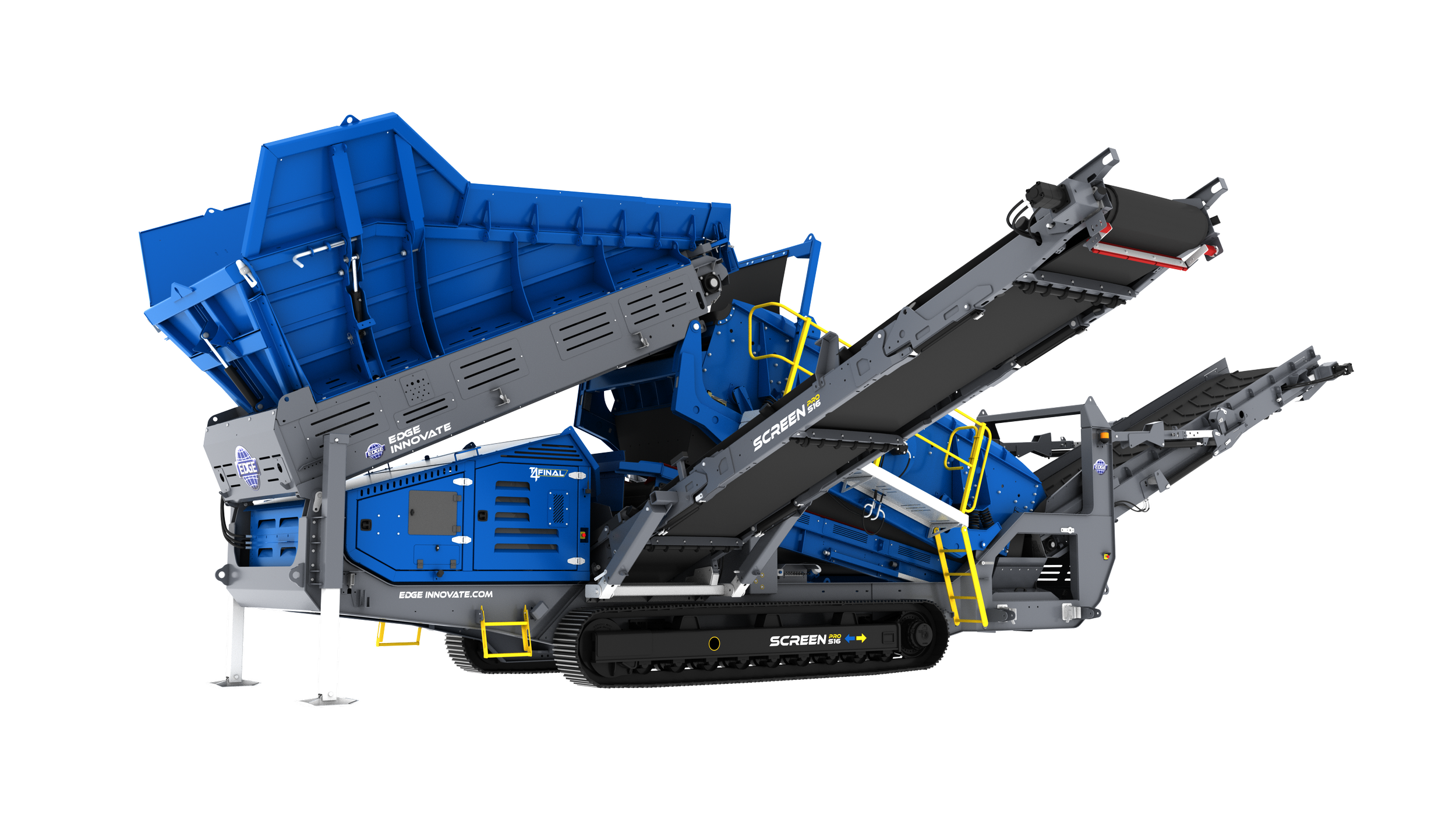 Heavy-duty industrial machine with a blue and black color scheme, featuring conveyor belts, ladders, and a tracked base, labeled with EDGE INNOVATE and SCREEN 3D.