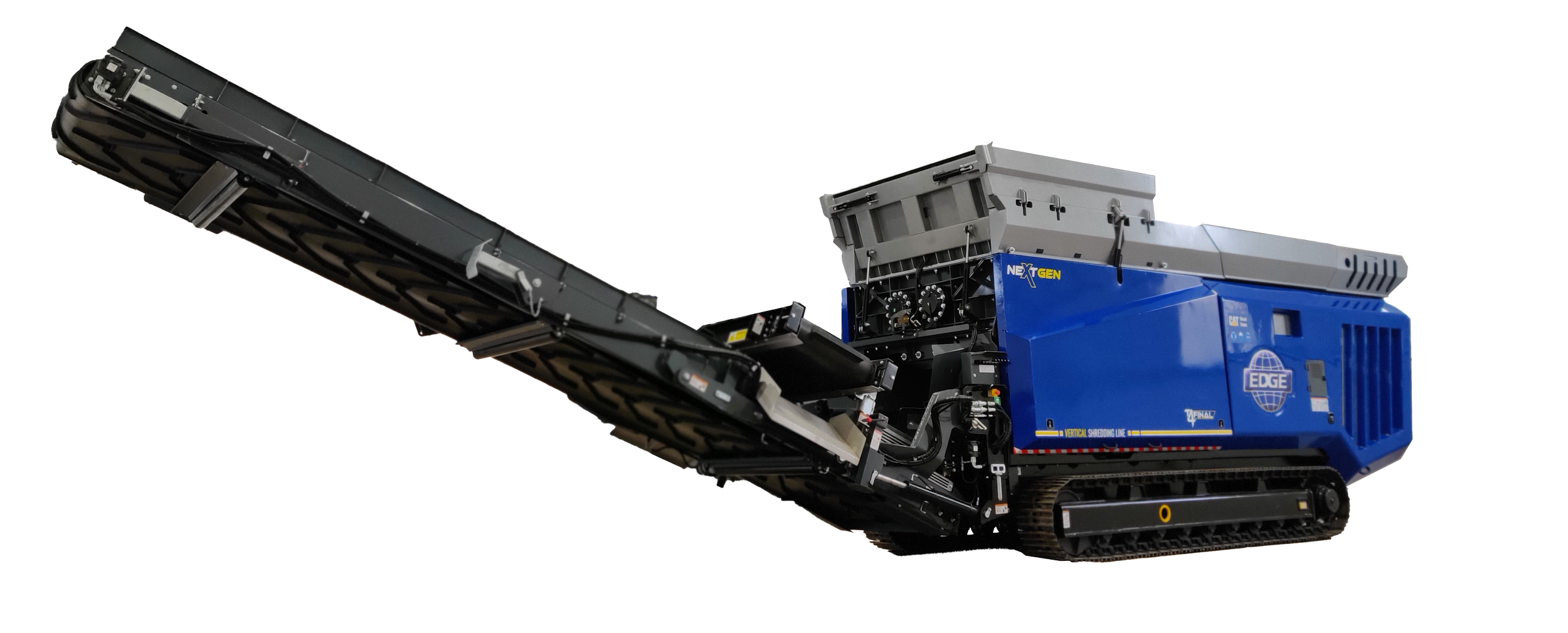 A large industrial trenching machine with a blue body and black tracks, featuring an extended digging arm, labeled EDGE and NEXTGEN.