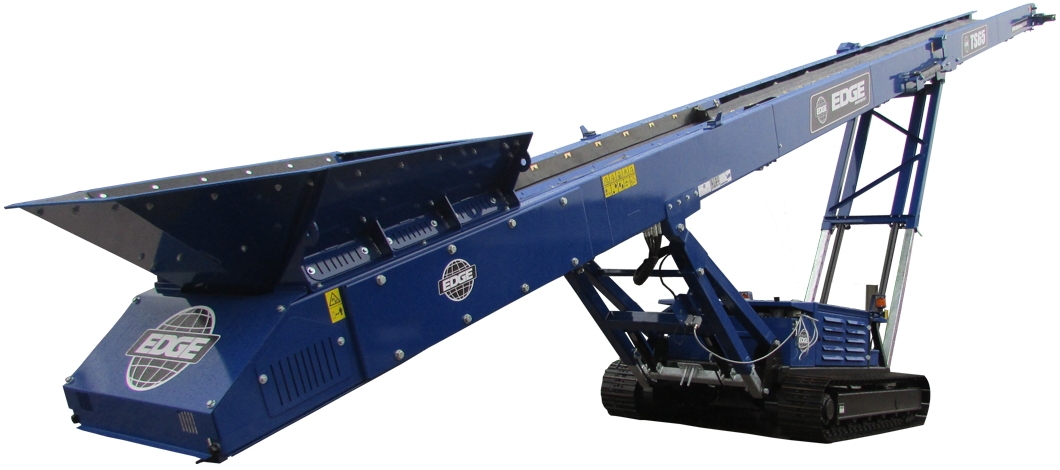 Blue mobile conveyor belt with the EDGE logo, featuring a track system for movement.