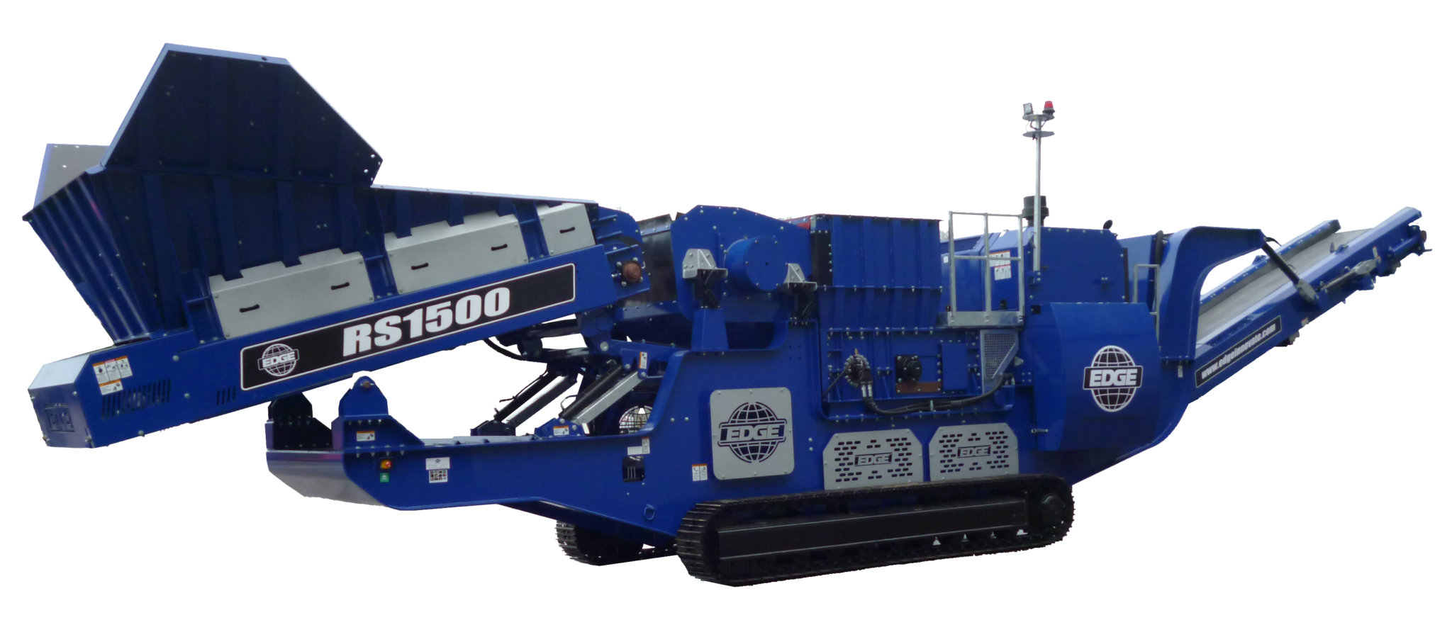 A large blue mobile screening machine labeled RS1500 from EDGE, with conveyor belts and a tracked base system.