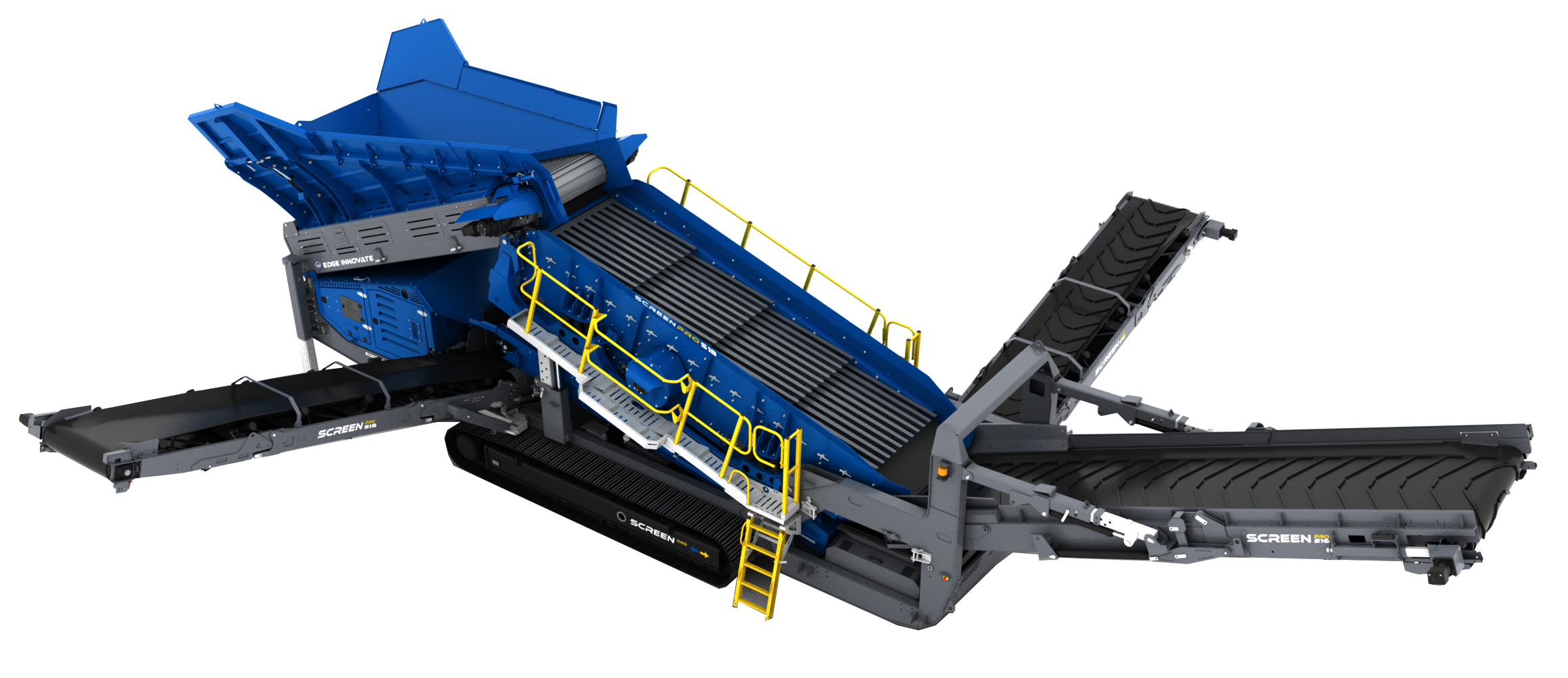 Industrial mining or construction conveyor equipment with blue, gray, and black components and yellow safety railings.