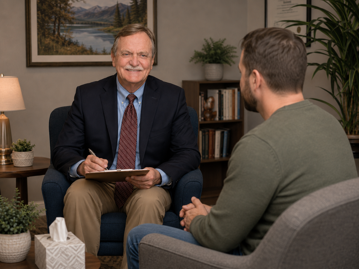 A therapist and a patient having a session in an office. The therapist is an older man with a suit, holding a clipboard, smiling. The patient is a younger man with a beard, sitting and listening. There are plants, books, and a painting in the background.