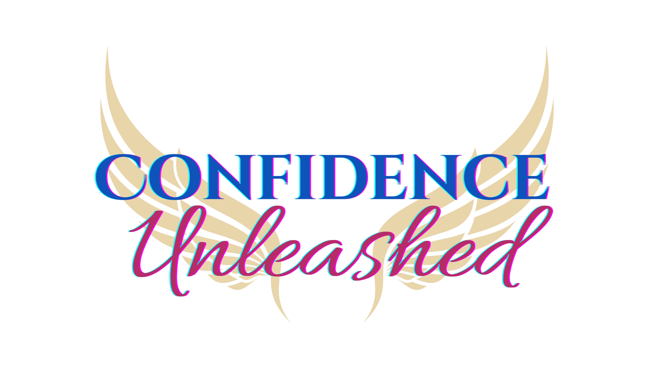 Confidence written in blue capital letters and the word Unleashed written below in deep pink script on a background of gold wings