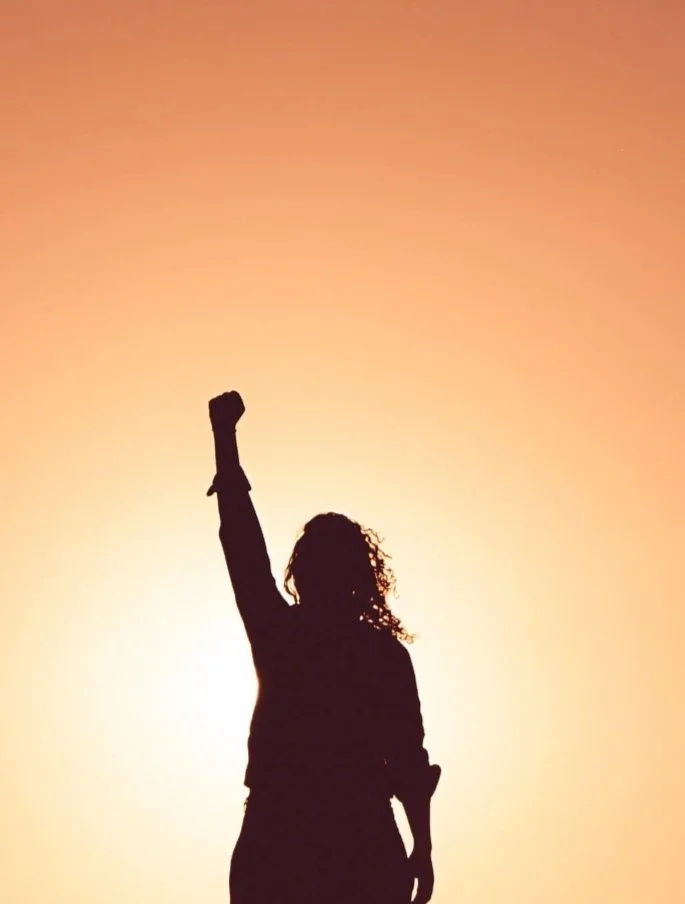 Silhouette of a woman with arm raised in the air and fist clenched against a sunset background