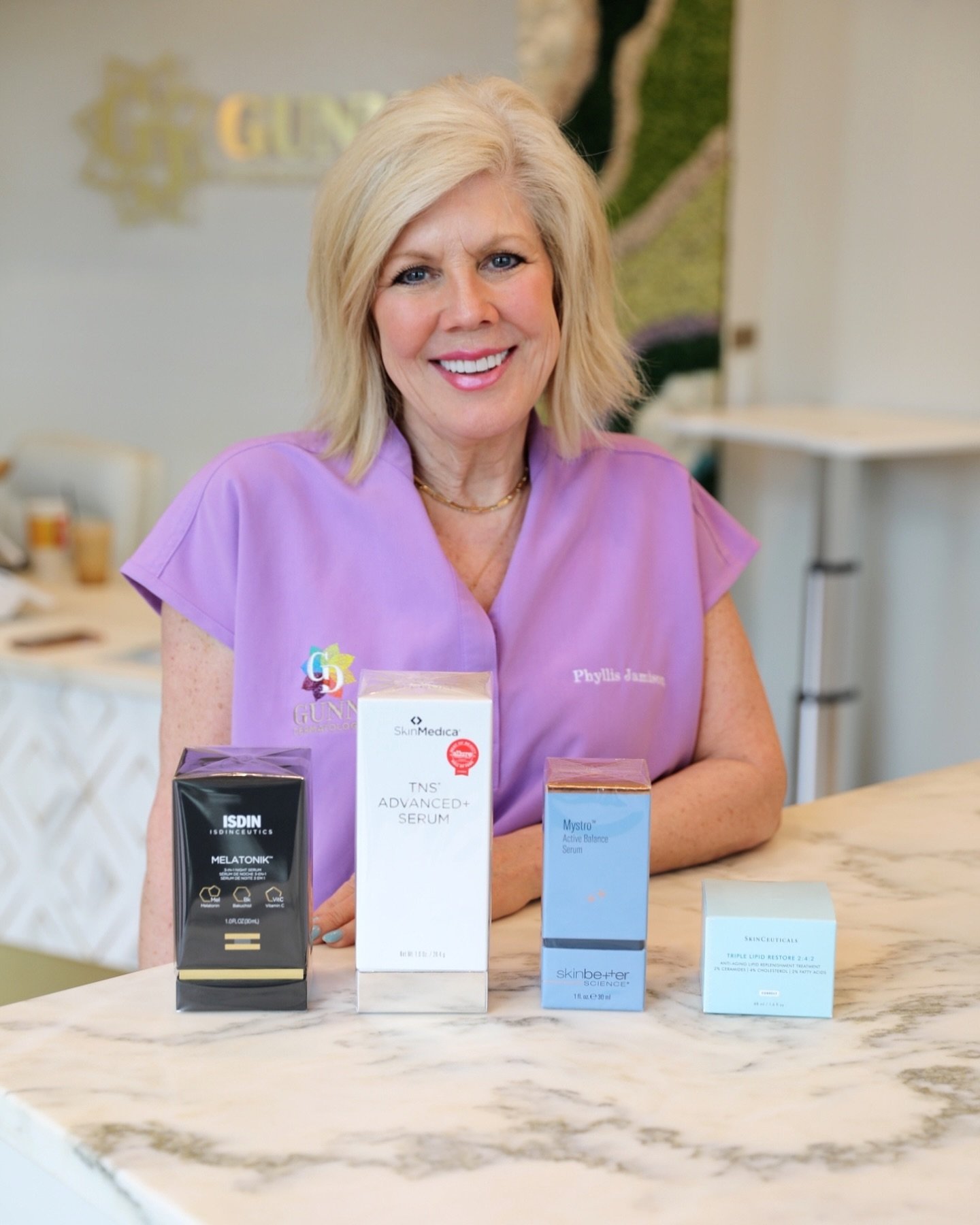 ✨Glow like Phyllis with her top skincare picks! 

✨One of her favorite anti-aging products is Skinmedica TNS! It&rsquo;s loaded with growth factors to improve the appearance of wrinkles and sagging skin. 

✨A newer product that she is loving is Skinb