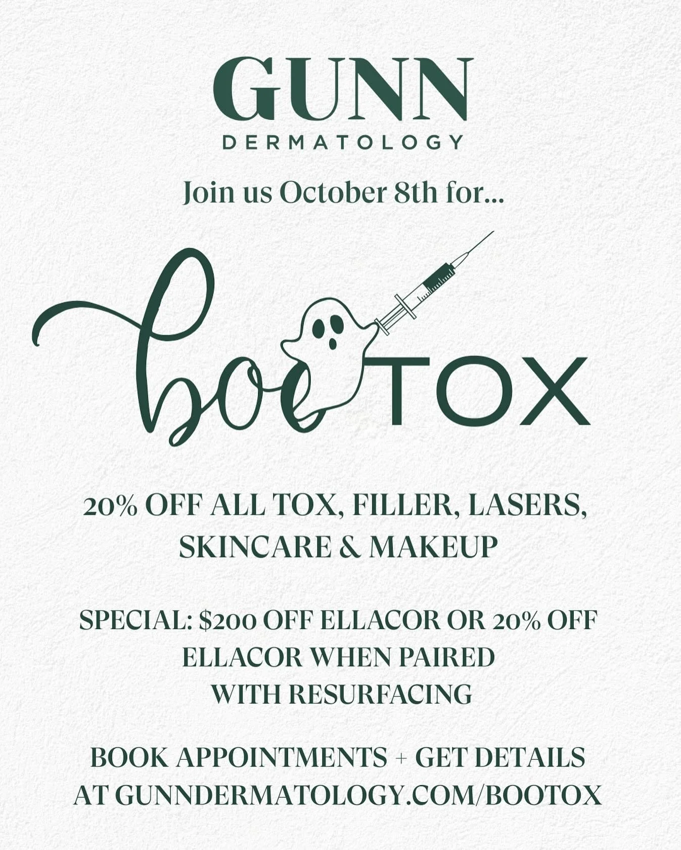 🎃One week away from our annual BoOtOx Event on Wednesday, October 8th! 

💉👻Enjoy 20% OFF all Tox, Filler, Lasers (including IPL, C02, Ablative Resurfacing, 1540, Laser Hair Removal, &amp; Tetra CoolPeel), Skincare, and Makeup 
SPECIAL: $200 OFF El