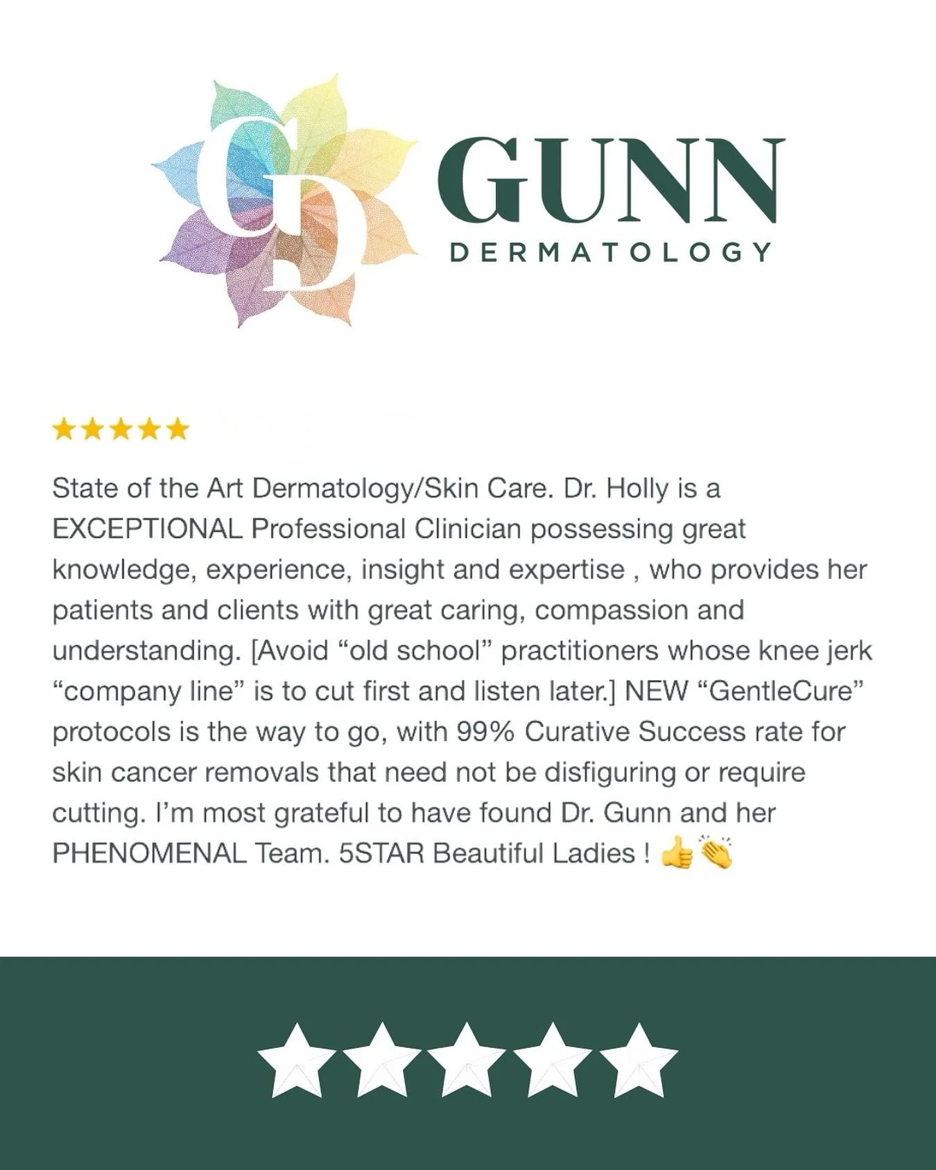 ⭐️⭐️⭐️⭐️⭐️ Thank you for this kind review! GentleCure has been such an effective way for us to treat squamous cell and basal cell carcinomas without cutting or scarring. We are all about having the most innovative technology at Gunn Dermatology to be