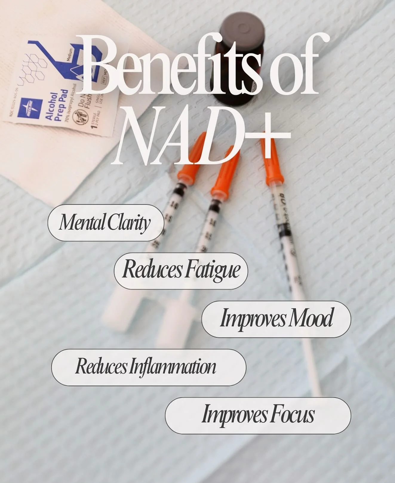 🌟Benefits of NAD+ 

✅Mental clarity 

✅Reduce brain fog 

✅Decrease inflammation 

✅Improve mood 

✅Support cellular repair and recovery 

📞Call 205-415-7536 to book yours at Gunn Dermatology!