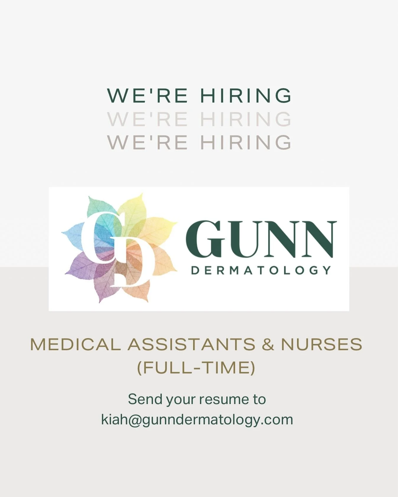 ✨Our team is growing! We are currently looking to hire additional medical assistants and nurses (full-time). 

If you are passionate about dermatology and exceptional patient care, send your resume to kiah@gunndermatology.com to apply.