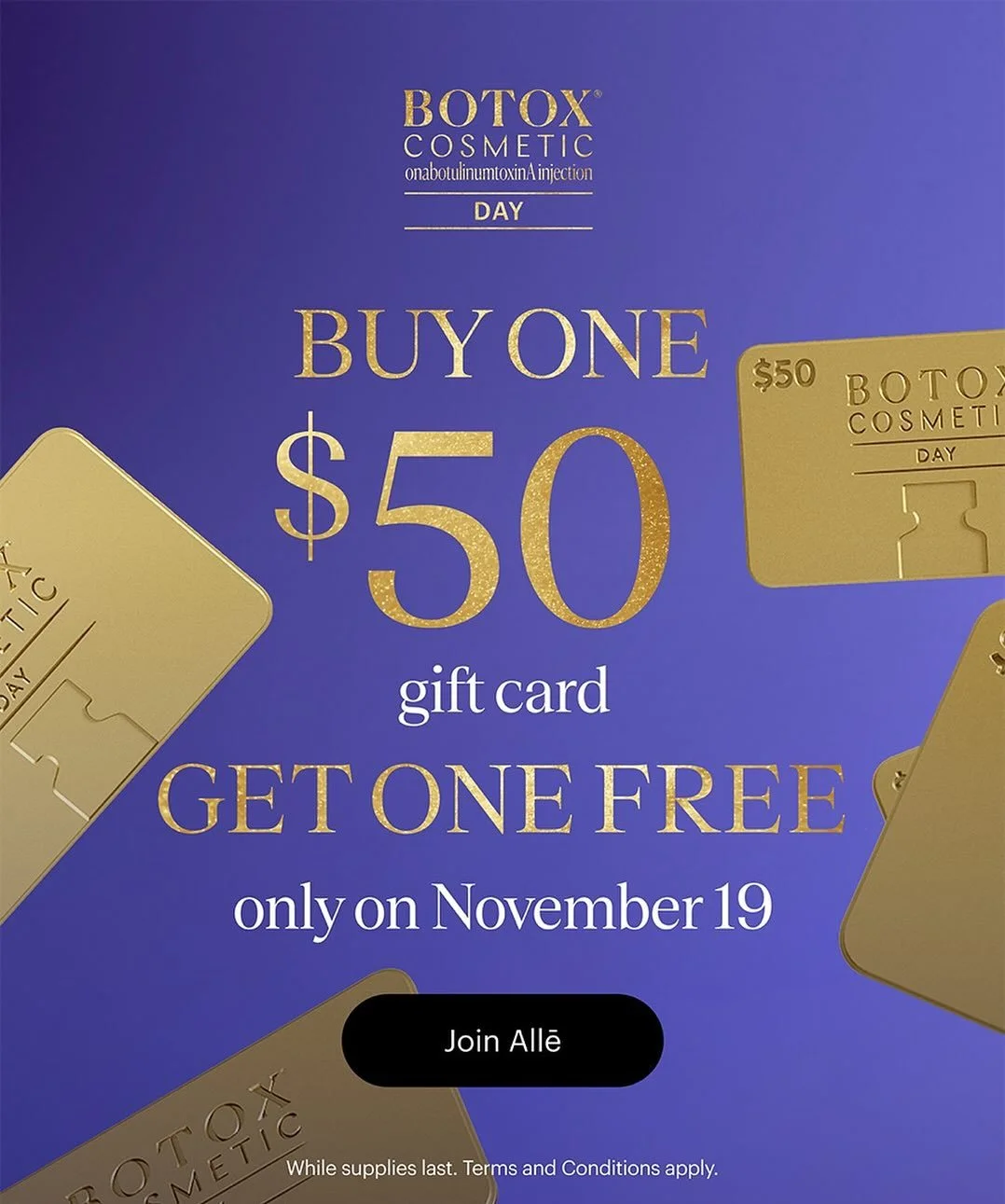 💉💜🥳Set your alarms! Live at 11am TODAY, Buy One $50 Botox Gift Get One Free will be available (while supplies last) for Botox Cosmetic Day! 

💉Make sure you are an ALLE rewards member (it&rsquo;s free to sign up). 

💉Once you&rsquo;ve gotten you