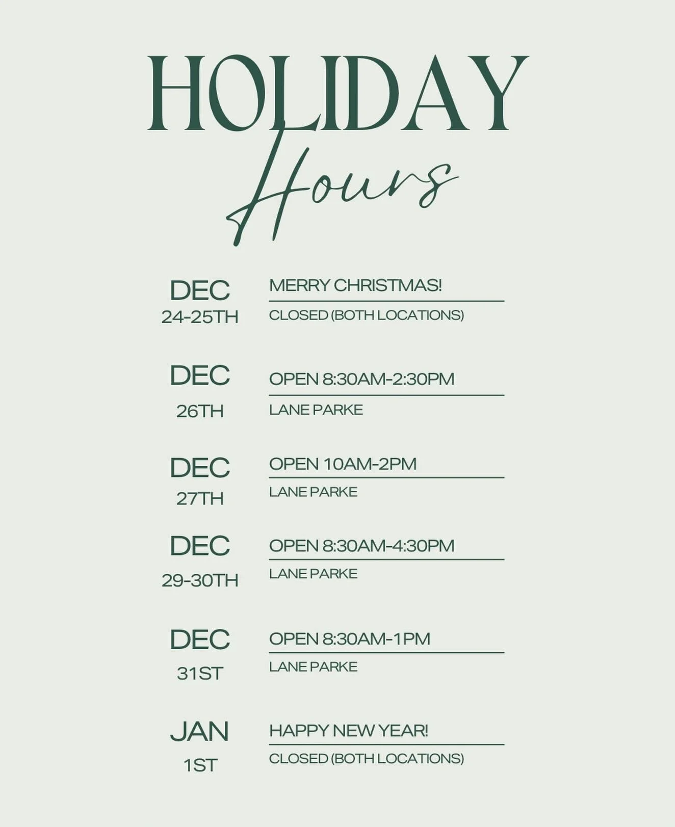🎄Holiday Hours 🎄 Normal hours will resume January 2nd. Wishing everyone a very Merry Christmas &amp; Happy Holidays!