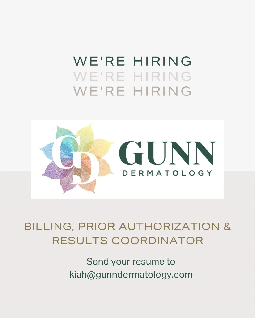 NOW HIRING!
Gunn Dermatology is seeking a highly organized, detail-oriented Billing, Prior Authorization &amp; Results Coordinator to support our growing medical and cosmetic dermatology practice.

This role is ideal for someone who enjoys backend pa