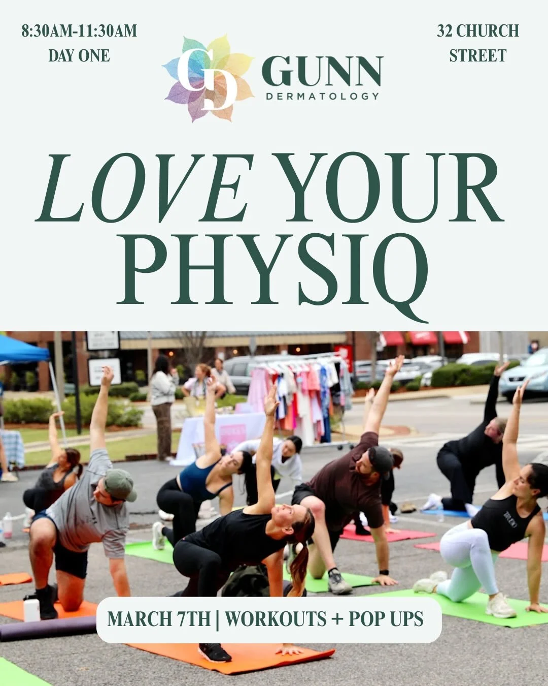 💪🏃&zwj;♀️LOVE YOUR PHYSIQ Event Details 

🧘&zwj;♀️Day 1 (MARCH 7TH)  will be a fun morning prioritizing health and wellness. We will have free pop up workouts with some of our favorite Bham Instructors every 45 minutes and local pop ups set up for