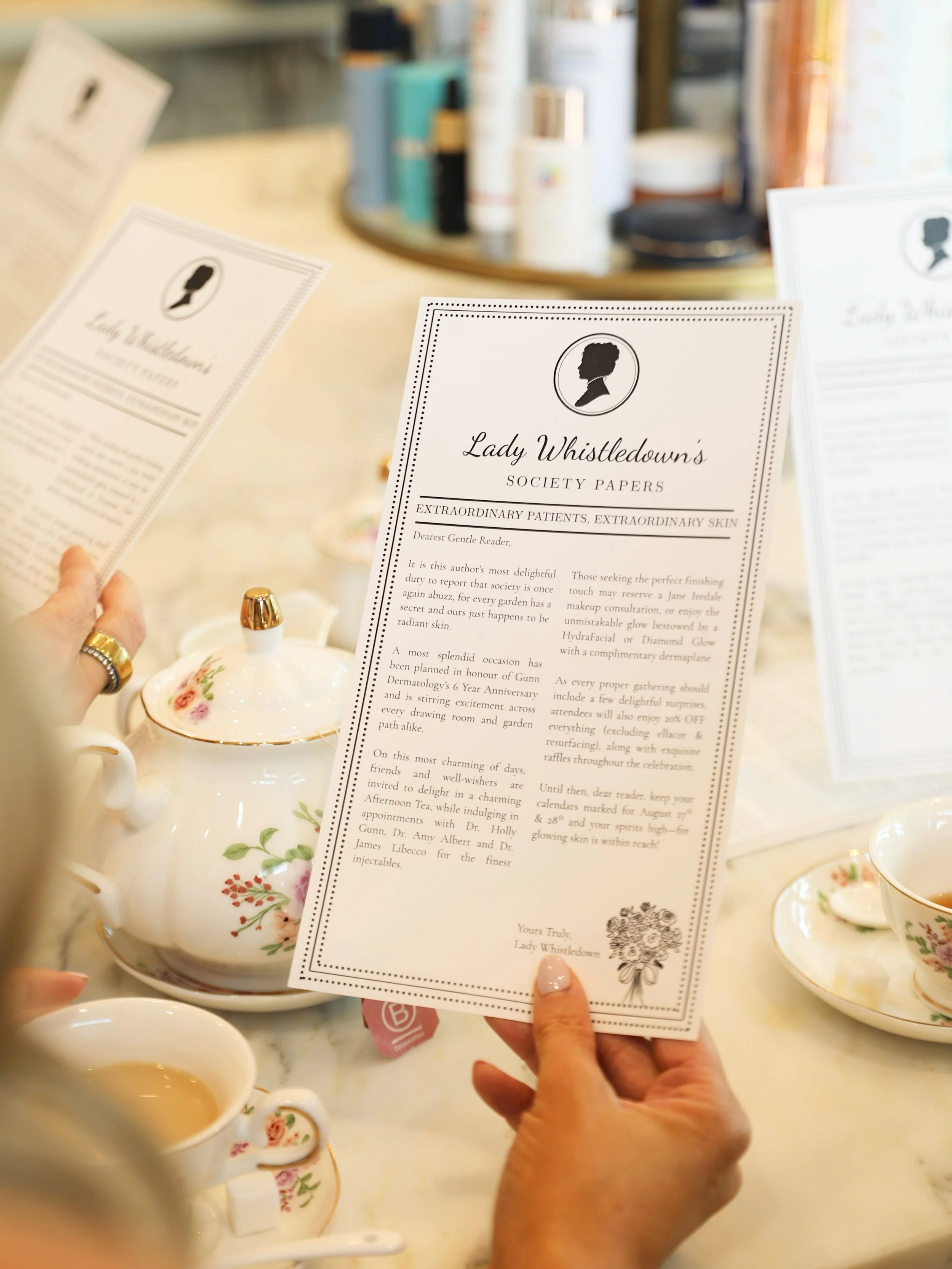 🫖🌷💉🫖What would a garden party be without afternoon tea! 

All patients will get to enjoy tea and sweet treats at our anniversary event on August 27th. 

Spots are booking fast. Get details + reserve appointments at gunndermatology.com/anniversary