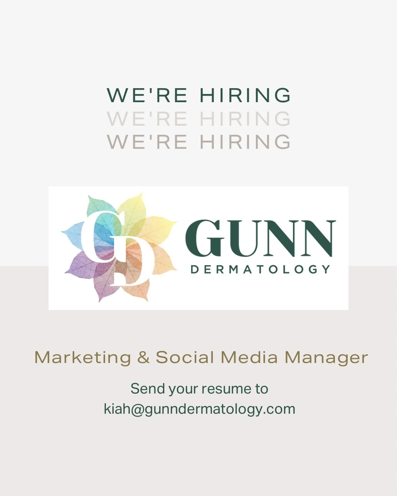 ✨ WE&rsquo;RE HIRING ✨

Gunn Dermatology is looking for a creative, organized, and social-savvy Marketing &amp; Social Media Manager to join our team! 🤍

If you&rsquo;re passionate about marketing, content creation, social media, and all things skin