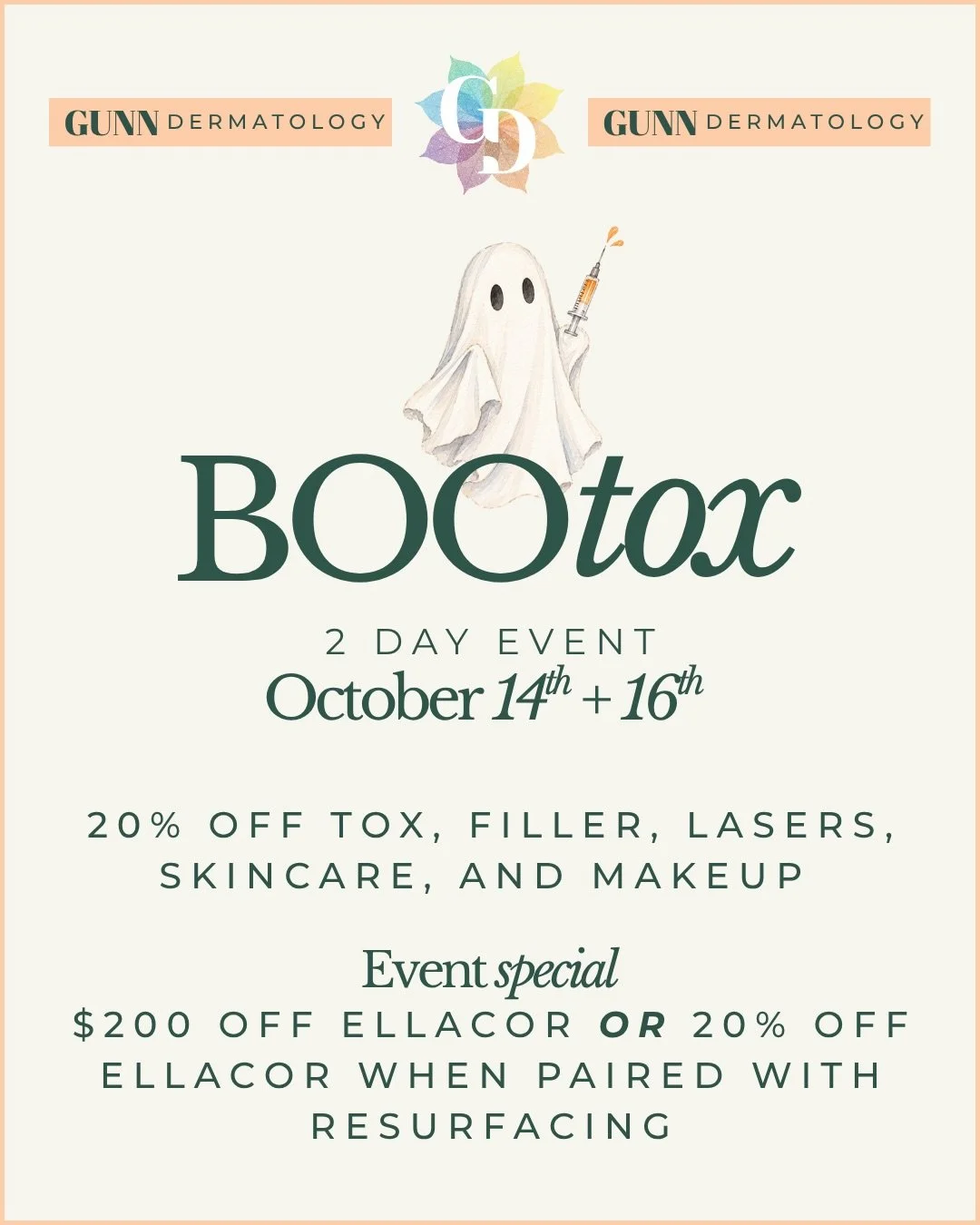 BOOtox is BACK 👻💉✨

Join us on October 14th + 16th for our annual BOOtox Event at Gunn Dermatology! 🧡

We&rsquo;ll have a limited number of appointments available for tox + filler, plus cosmetic consultations to help you learn more about treatment