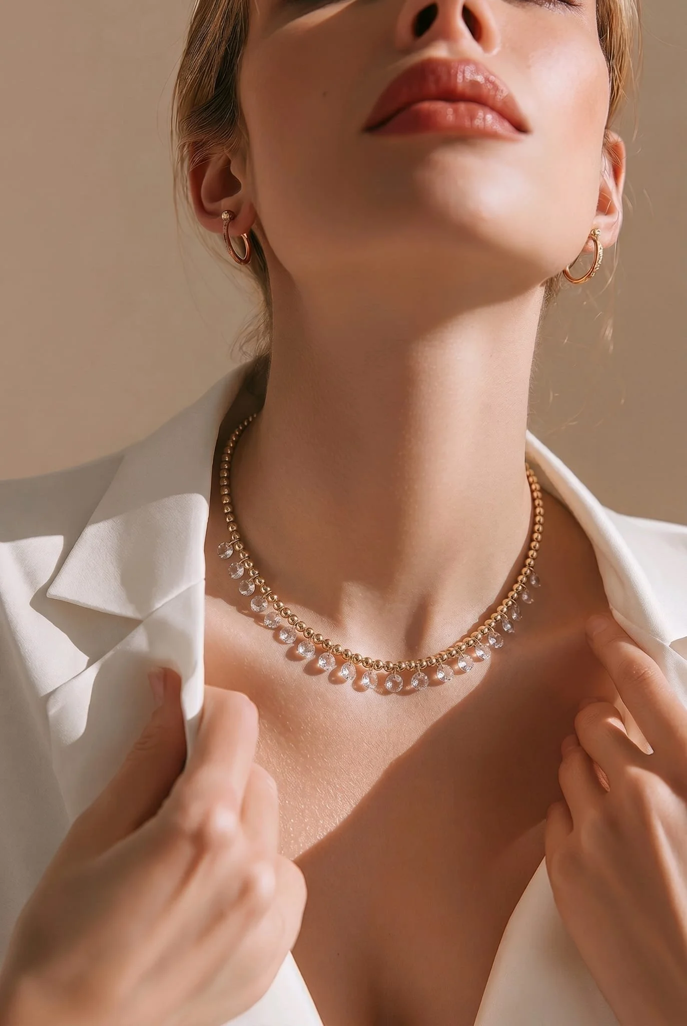 Misha 18Kt Gold Bead Choker With Dangling Crystals