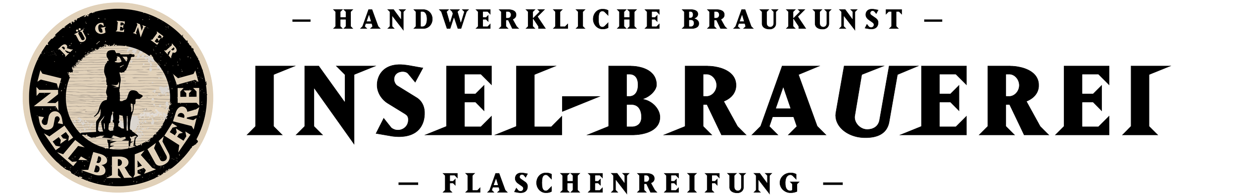 Logo einer Brauerei mit einem Hund und einer Flasche, Text 'Handwerkliche Braukunst', 'Inselbrauerei', 'Flaschenreifung'.