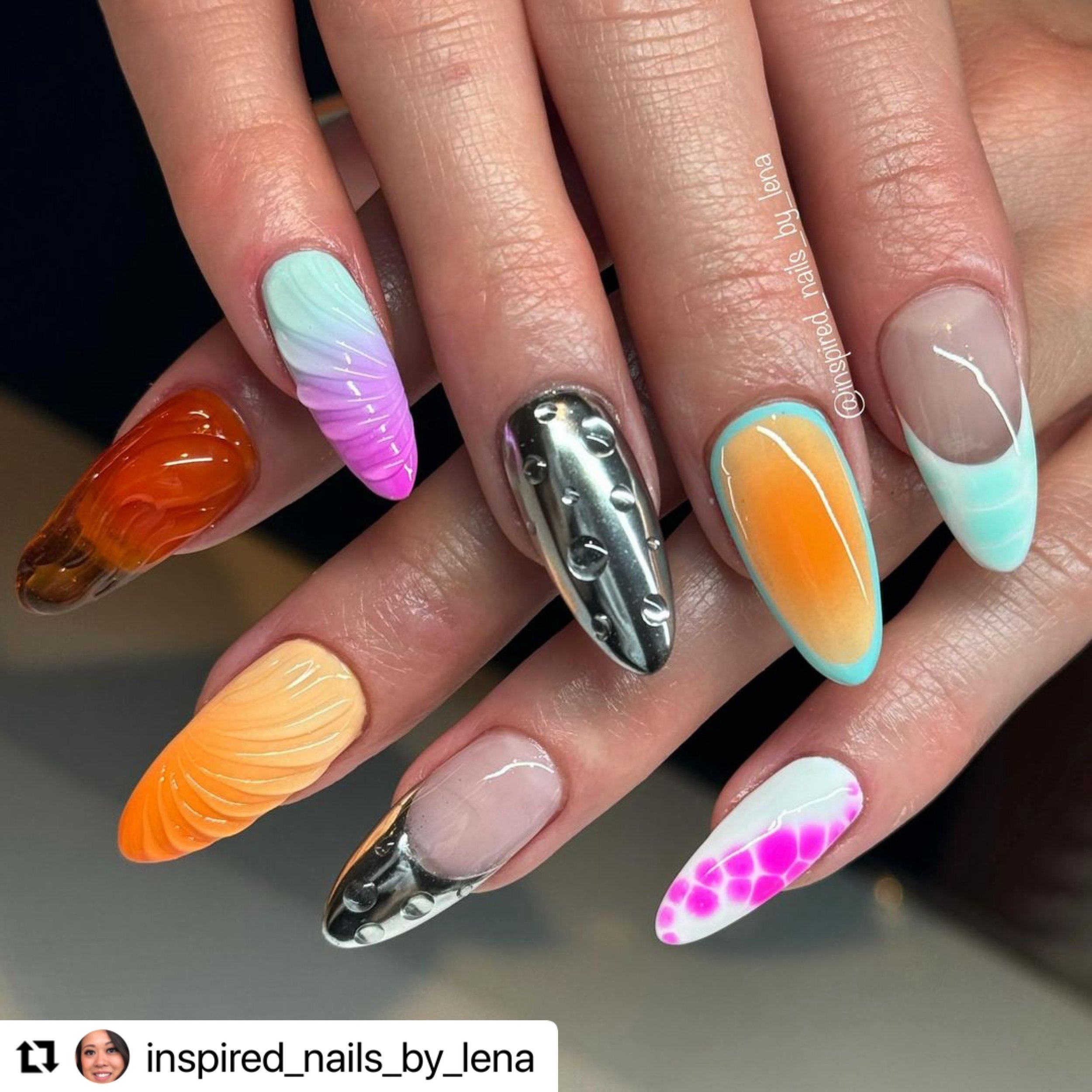 #Repost @inspired_nails_by_lena with @use.repost
・・・
Miami vibes for @lexiianthony 🔥🔥
.
Acrylic + Level 3 nail art