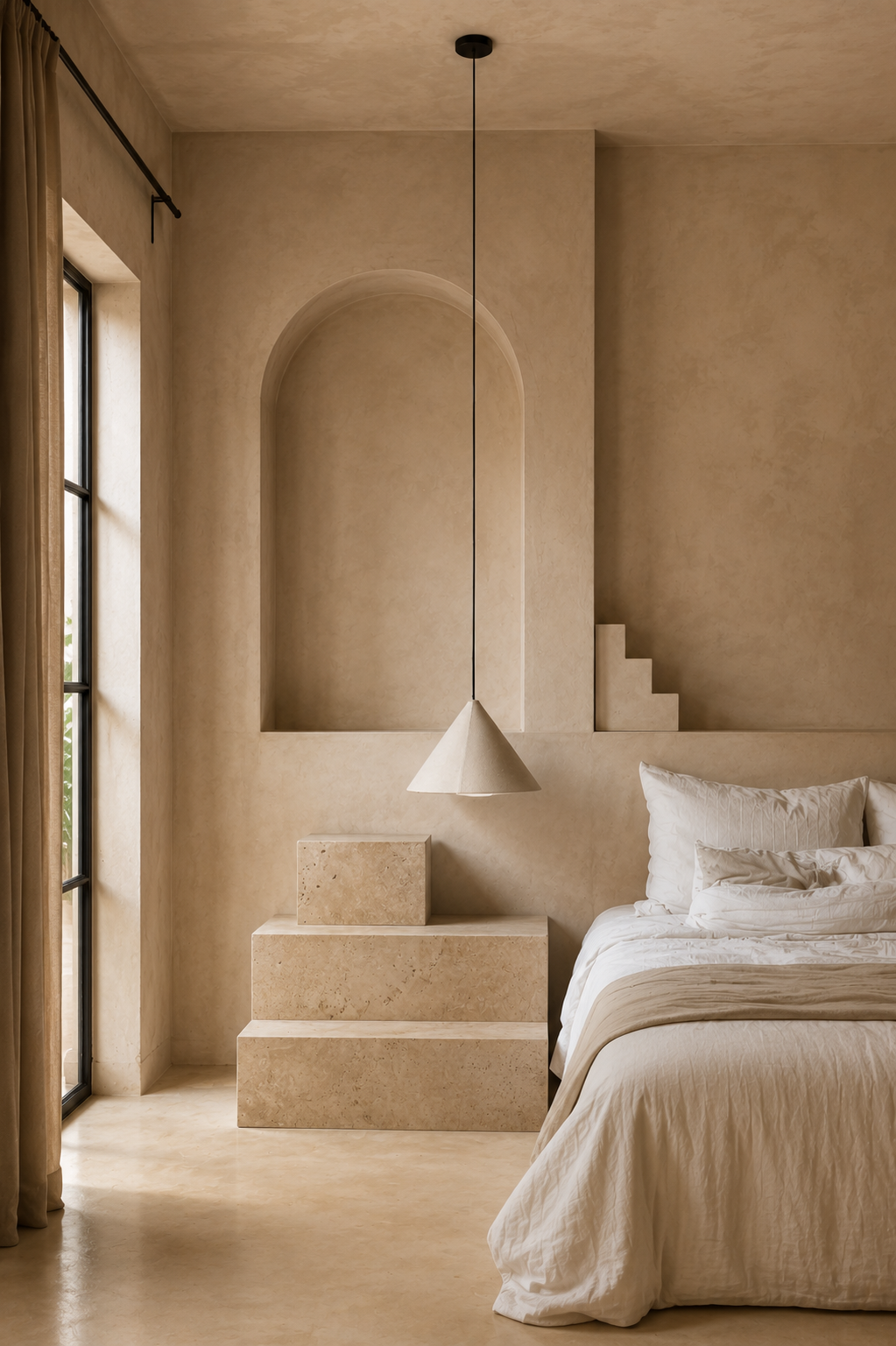 Habitación con paredes de tono beige, cama con sábanas blancas y cojines, lámpara de techo moderna, ventana con cortinas y una escultura de bloques de piedra en la pared.